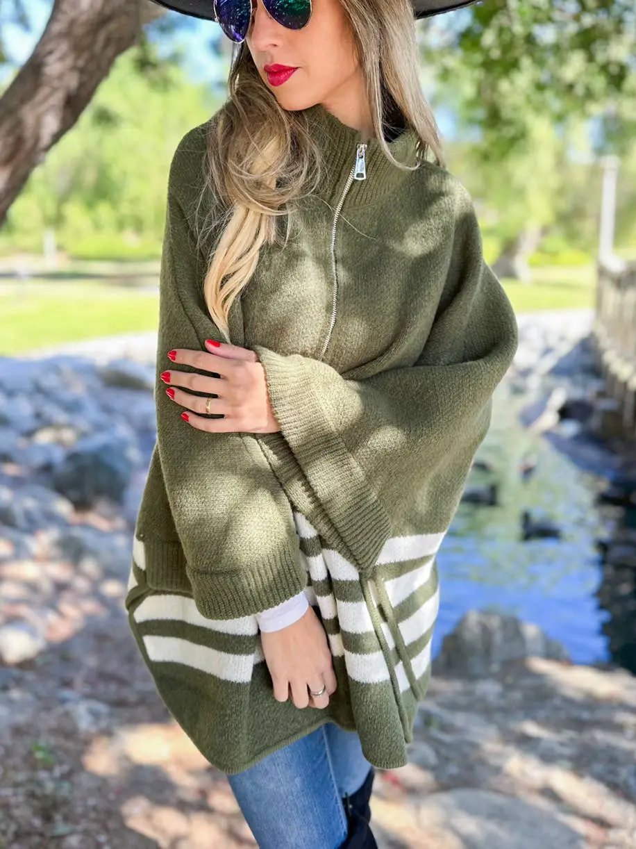 AMOLI AMOLI - Olive Stripe Border Printed Zip-Up Cardigan - Cardigans