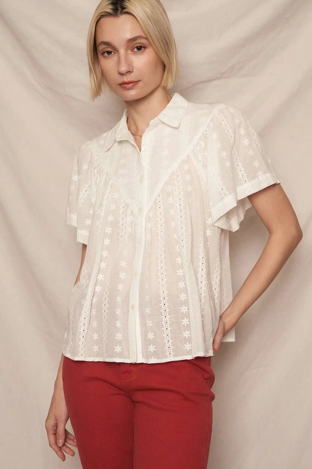 En Crème En Crème White Short Sleeve Lace Button Down Shirt - Shirts white short sleeve lace button down shirt