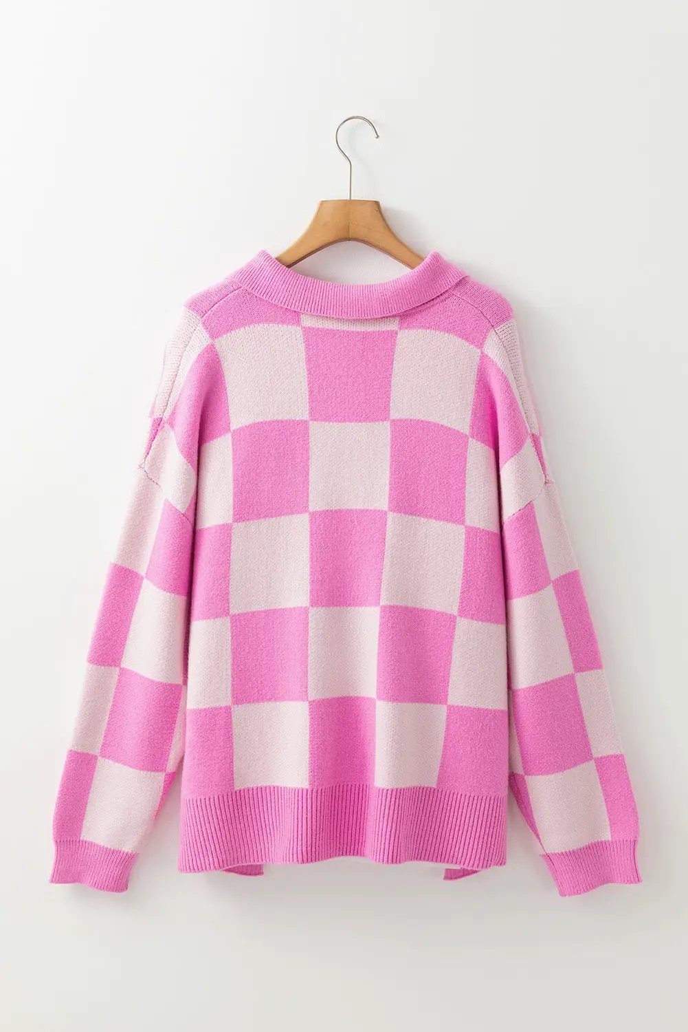 Grateful Threads Boutique Pink Checkerboard Half Button Collared Drop Shoulder Sweater - Sweaters Pink Checkerboard Half Button Collared Drop Shoulder Sweater