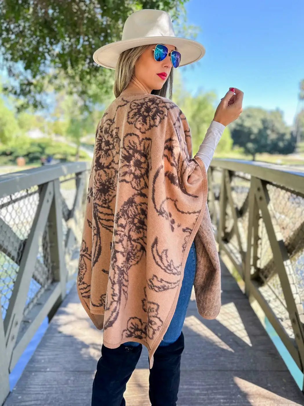 AMOLI AMOLI - Camel Elegant Floral Print Cape Shawl Ruana Cardigan - Cardigans