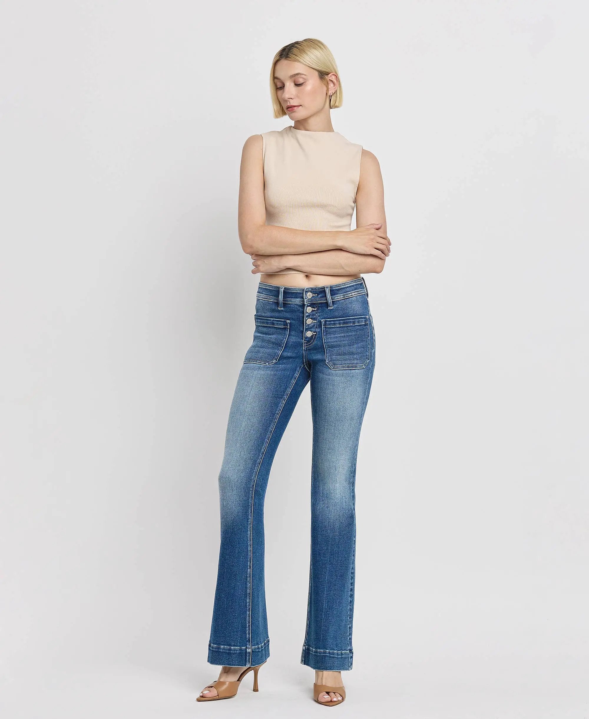 VERVET by FLYING MONKEY Mid Rise Trouser Hem Flare Jeans - Jeans