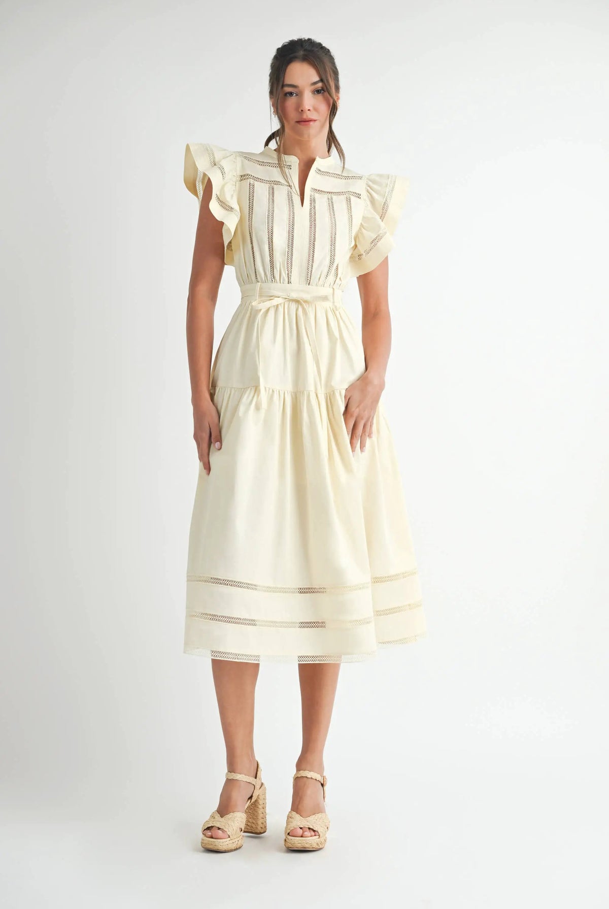 Endless Blu Endless Blu Cream Short Sleeve Tiered Midi Dress - Dresses