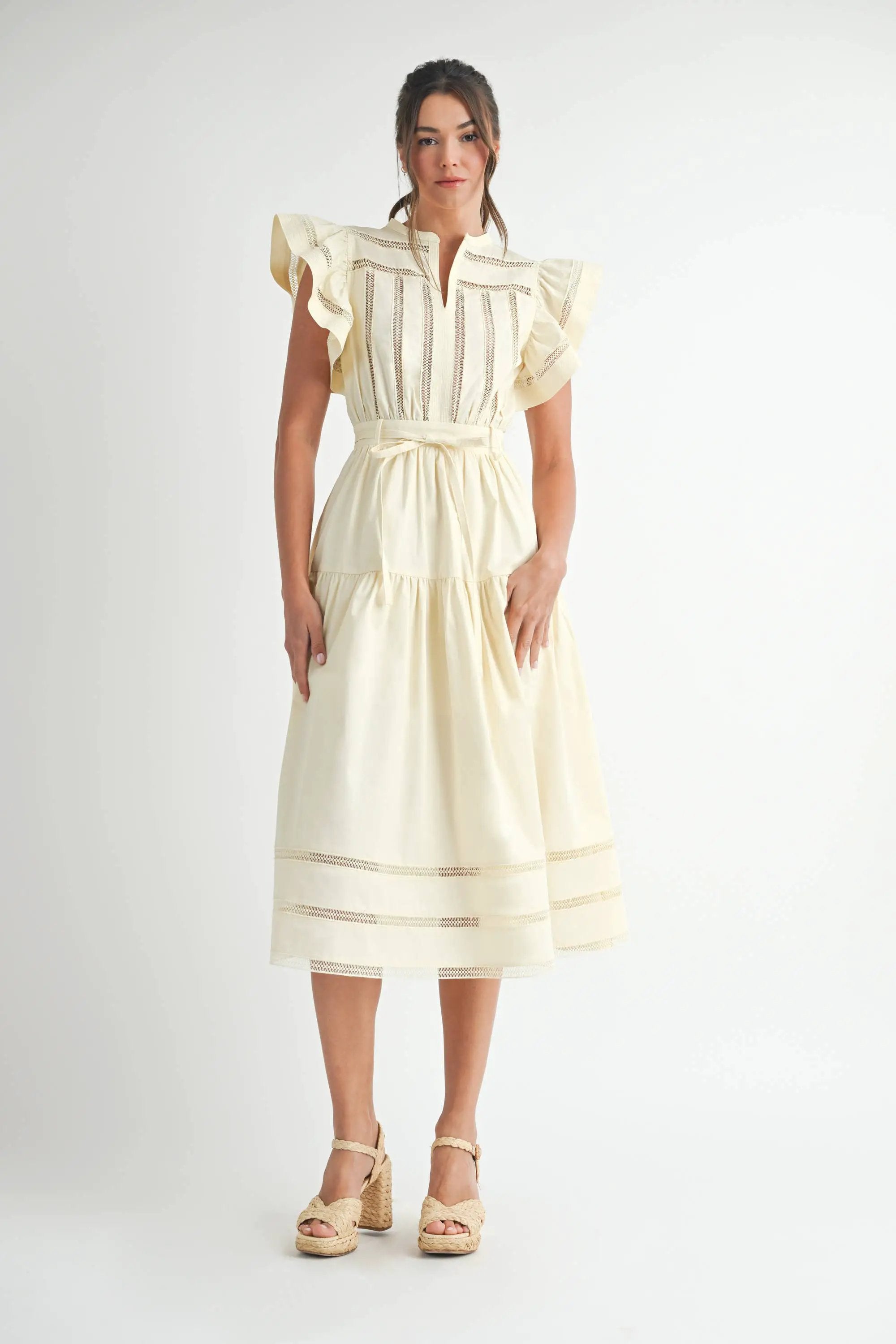 Endless Blu Endless Blu Cream Short Sleeve Tiered Midi Dress - Dresses