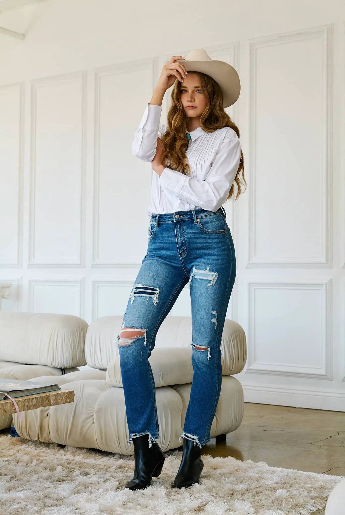 ARTEMIS VINTAGE Mesh Tummy Control High Rise Straight w/ Single Cuff Jeans - Jeans