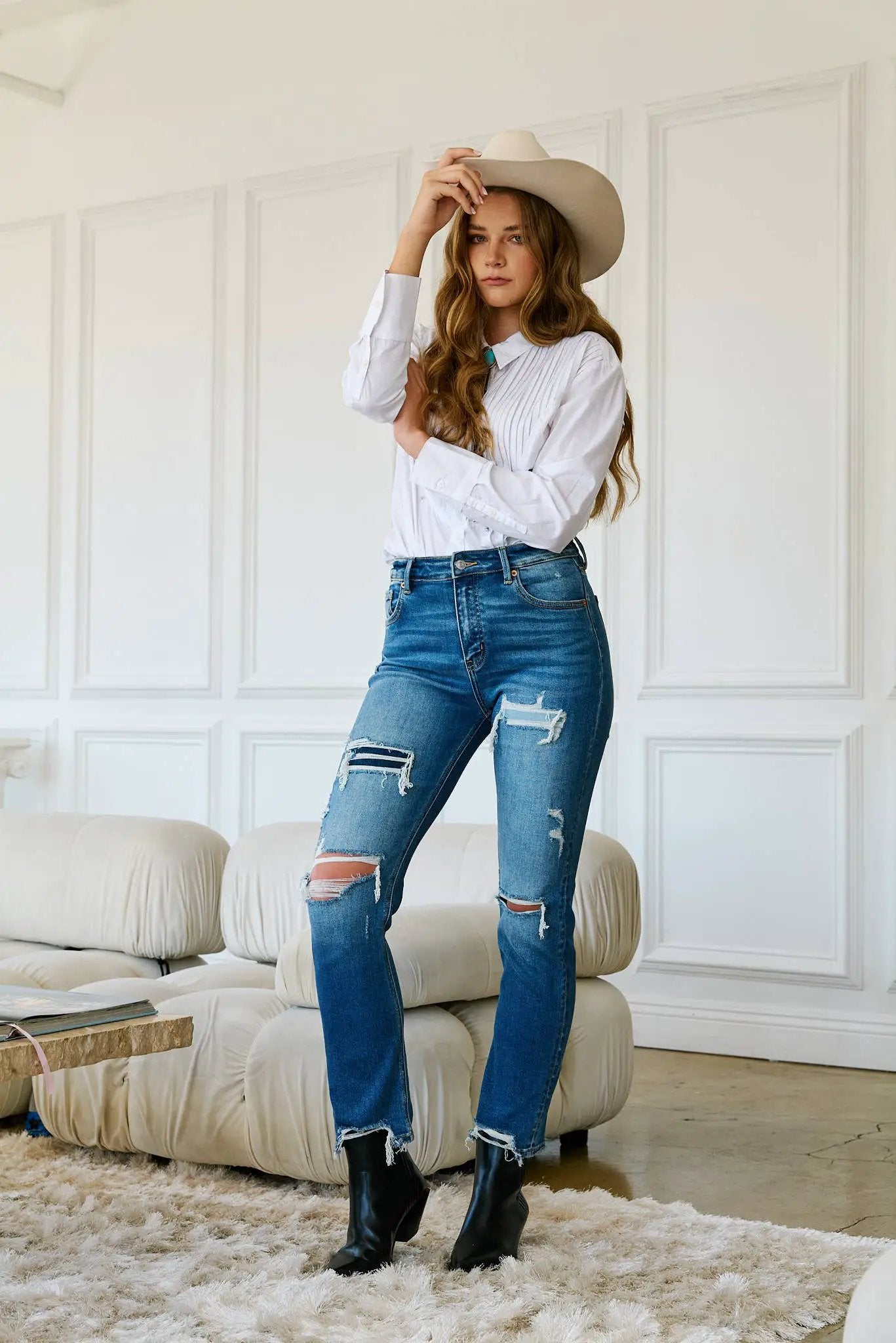 ARTEMIS VINTAGE Mesh Tummy Control High Rise Straight w/ Single Cuff Jeans - Jeans