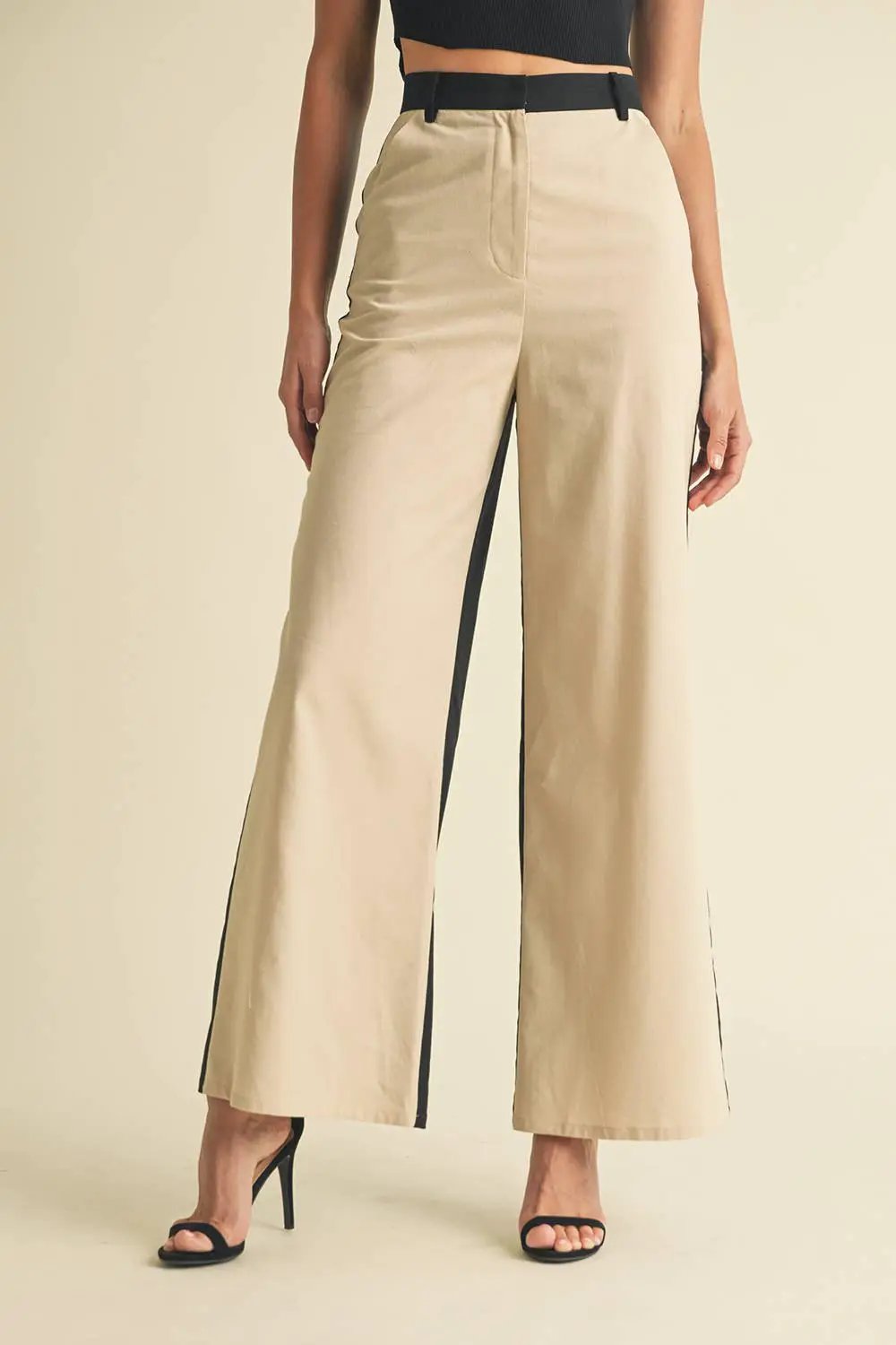 Endless Blu Endless Blu Black/Almond Color Block Linen Trouser Pants - Pants