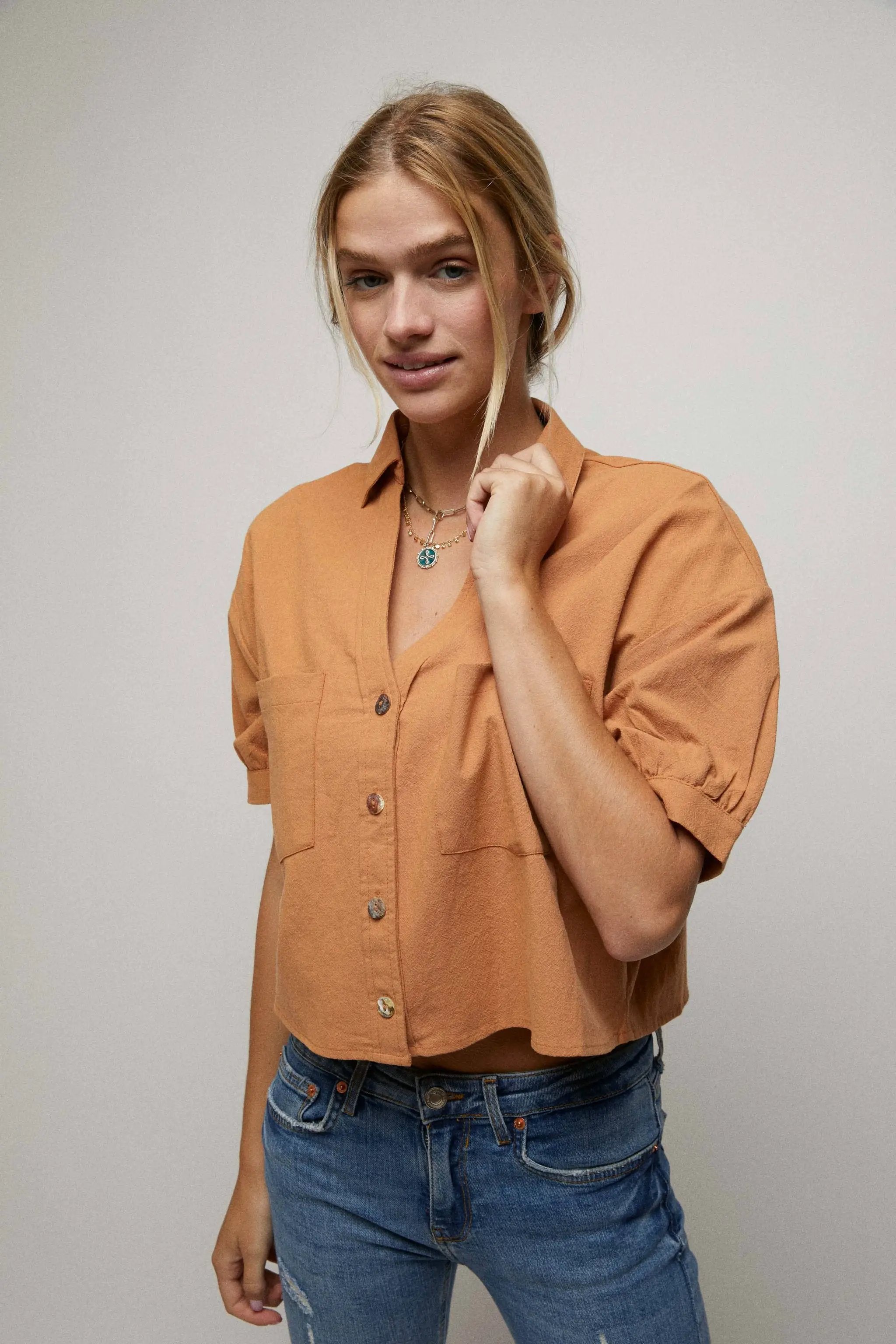 Cerule Elbow Sleeves Button Down 2 Pocket Crop Shirt - Shirts