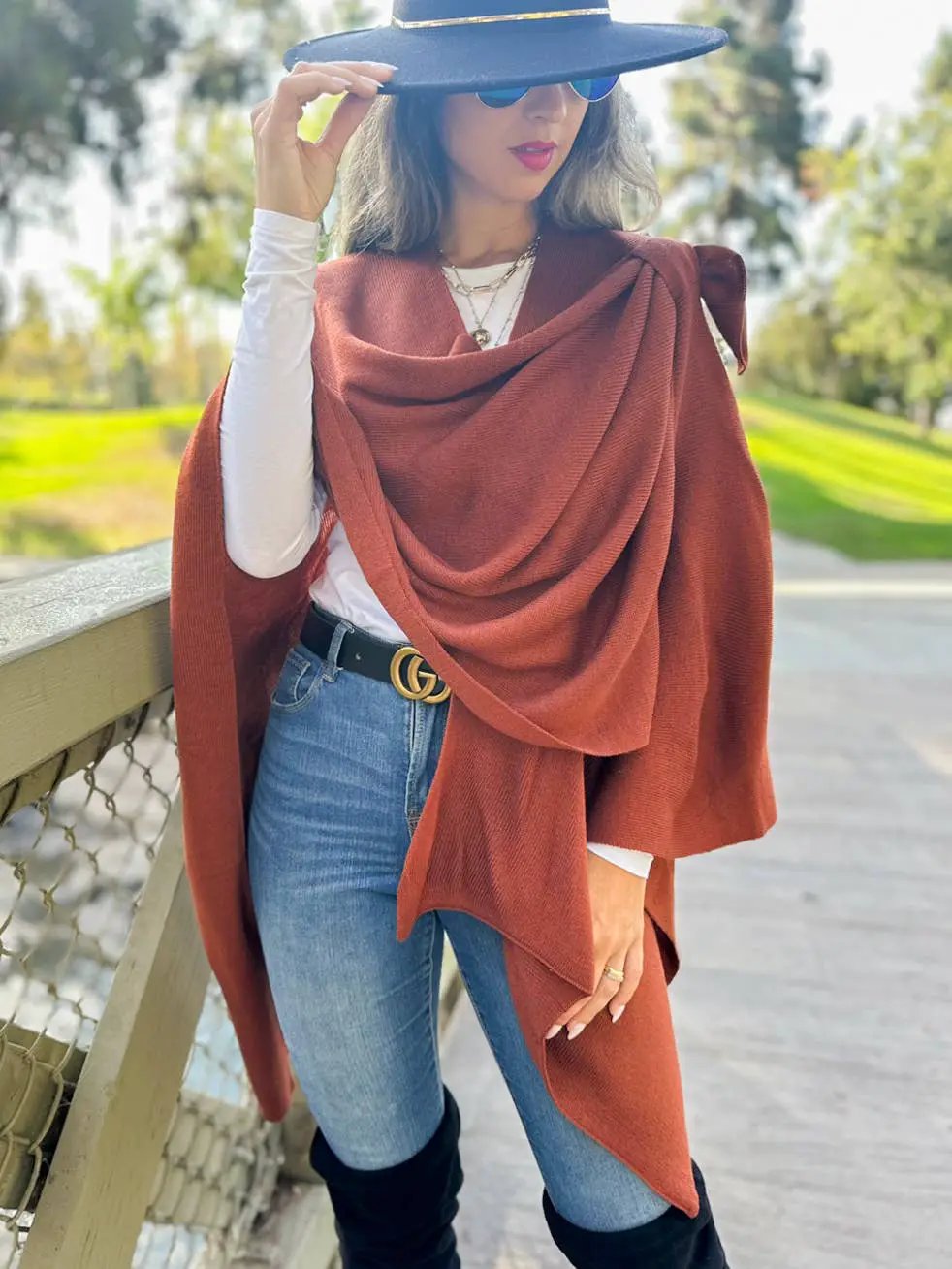 AMOLI AMOLI - Rust Solid Knit Ruana Shawl with Shoulder Strap - Scarves & Shawls