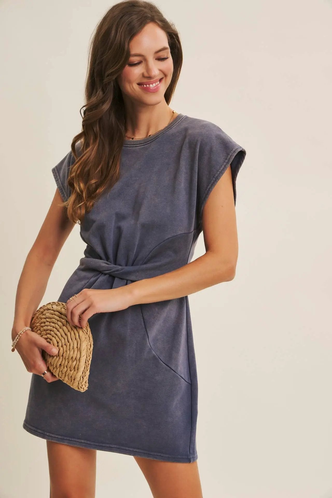 in february Easygoing Mineral-Washed Waist Twist Terry Mini Dress: Washed Denim - Dresses