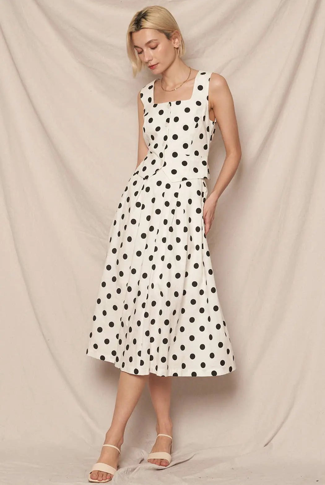 En Crème En Crème White Pleated A-Line Midi Skirt with Black Polka Dots - Skirts