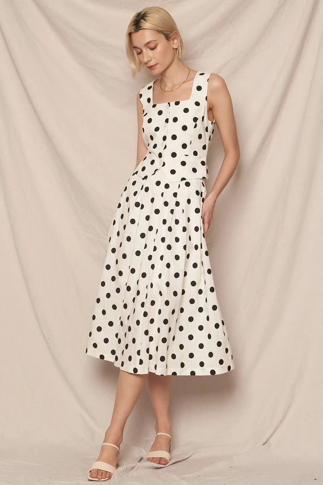 En Crème En Crème White Pleated A-Line Midi Skirt with Black Polka Dots - Skirts