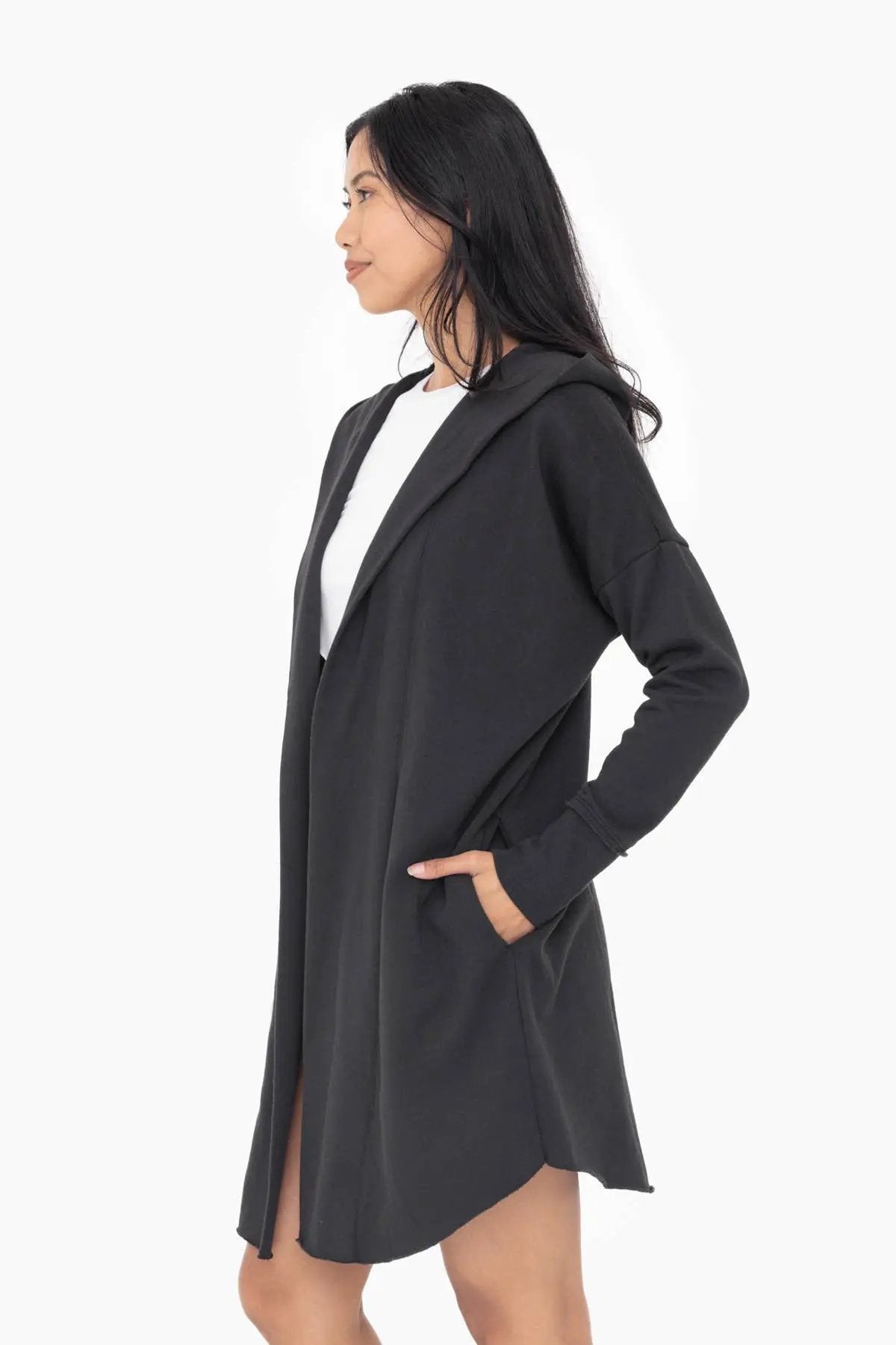 Mono B Mono B - Open Front Longline Hoodie Cardigan in Black - Cardigans Mono B - Open Front Longline Hoodie Cardigan