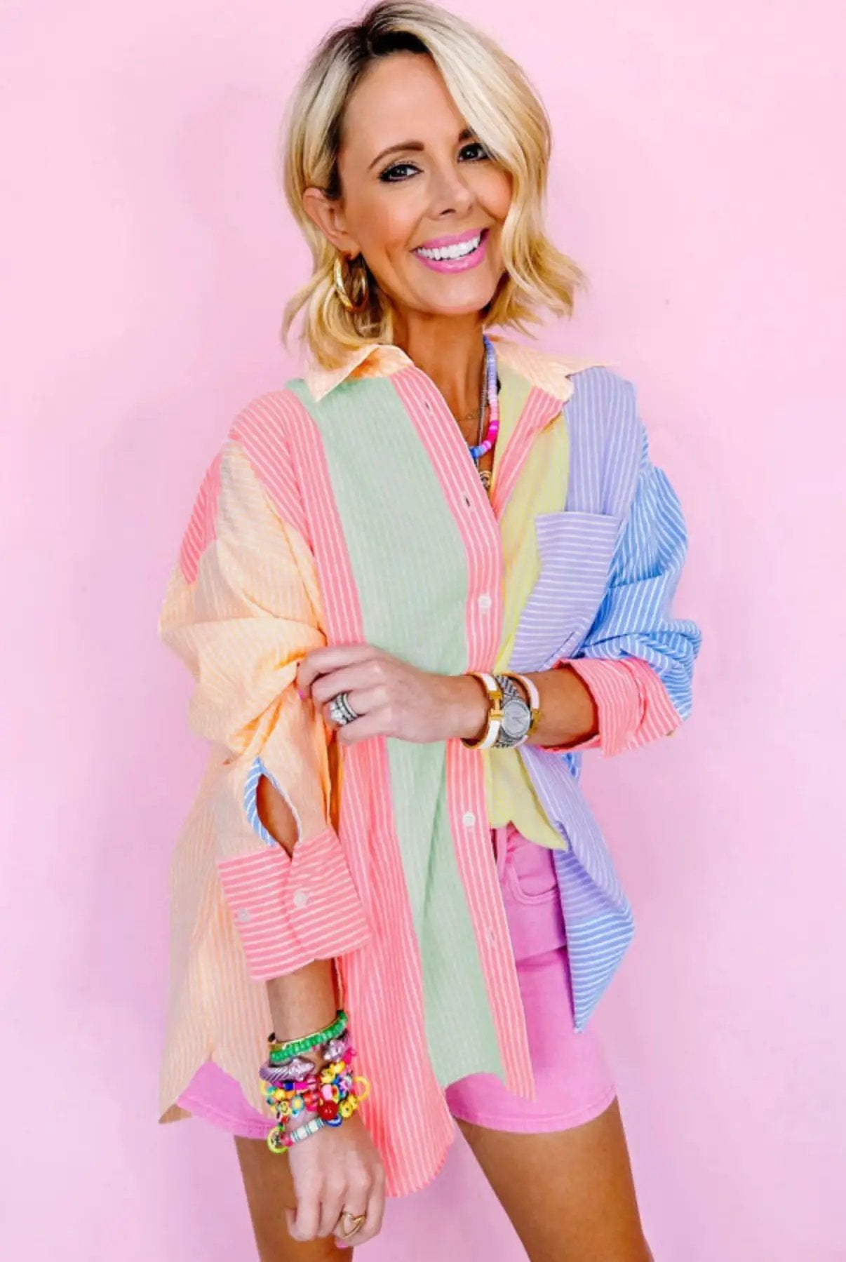 Grateful Threads Boutique Pink Stripe Color Block Chest Pocket Oversized Shirt - Shirts Pink Stripe Color Block Chest Pocket Oversized Shirt