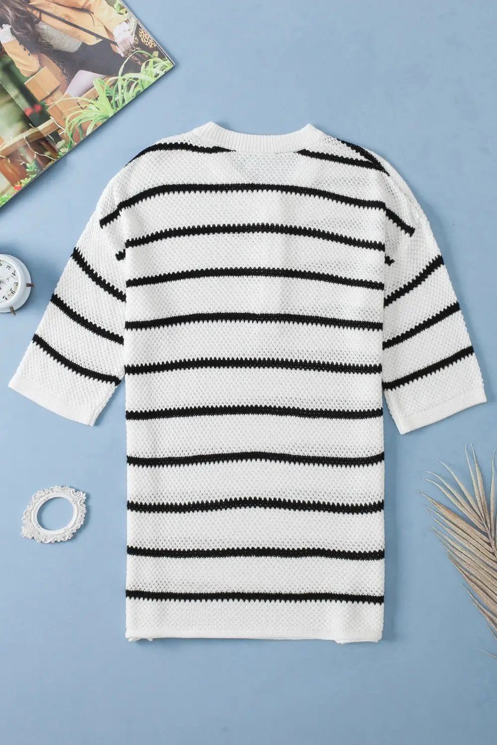 Grateful Threads Boutique White Stripe Henley Buttoned Placket Drop Shoulder Bracelet Sleeve Knit Sweater Tee - Sweaters White Stripe Henley Buttoned Placket Drop Shoulder Bracelet Sleeve Knit Sweater Tee