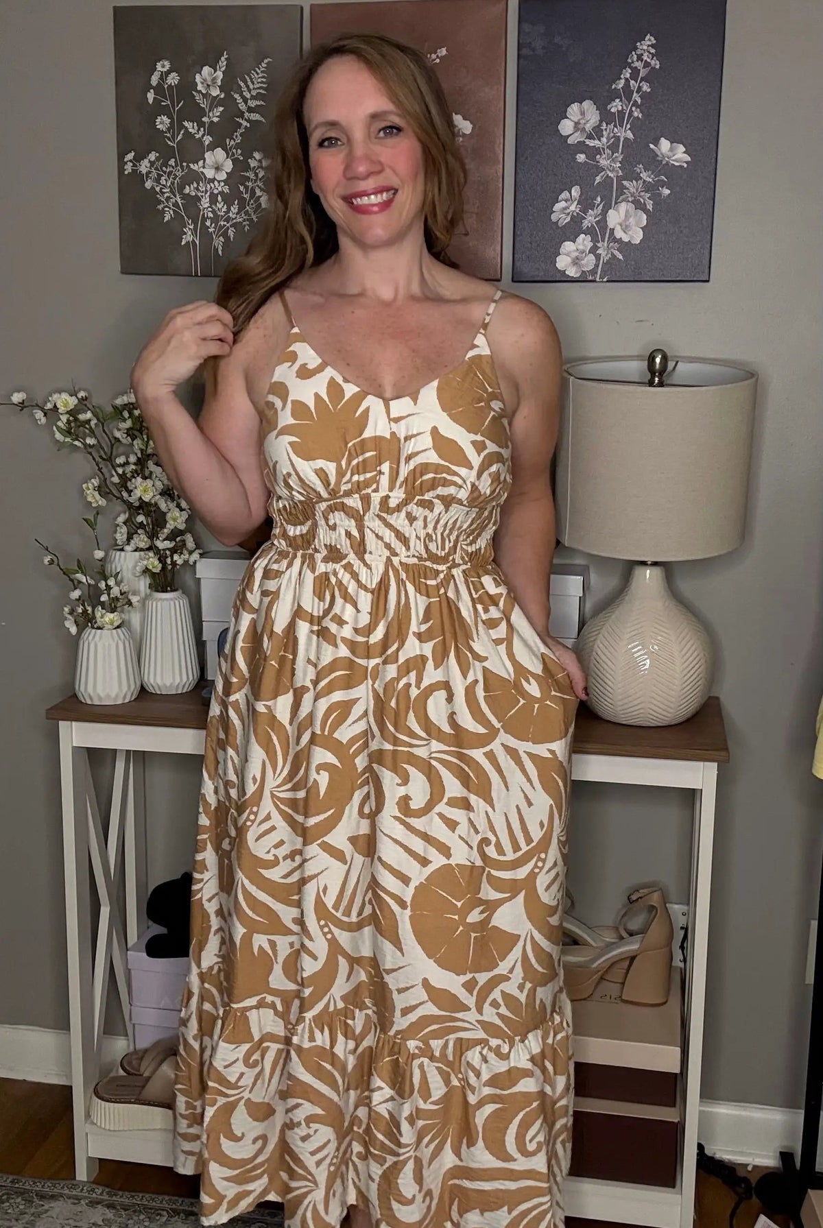Grateful Threads Boutique Khaki Floral Shirred High Waist Spaghetti Straps Maxi Dress - Dresses