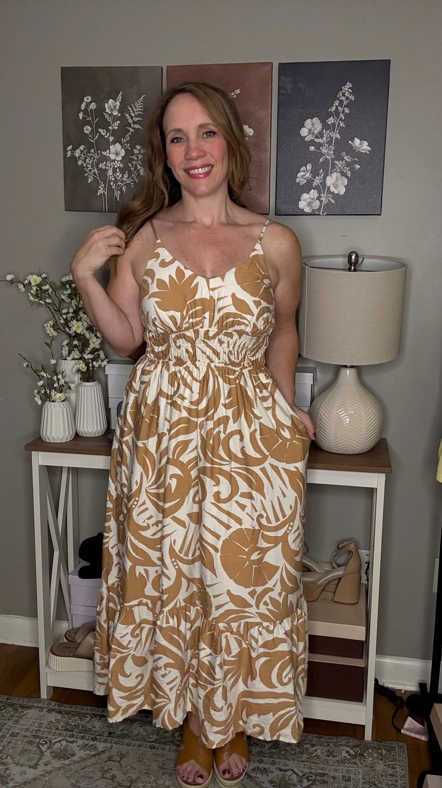 Grateful Threads Boutique Khaki Floral Shirred High Waist Spaghetti Straps Maxi Dress - Dresses