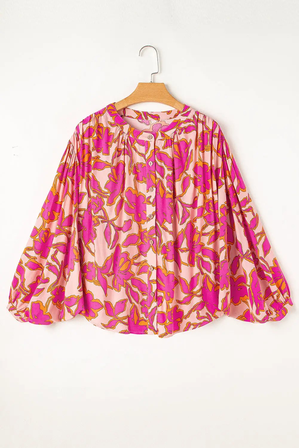 Grateful Threads Boutique Pink & Orange Floral Batwing Sleeve Button-Up Loose Fit Blouse - Blouses pink floral batwing sleeve blouse