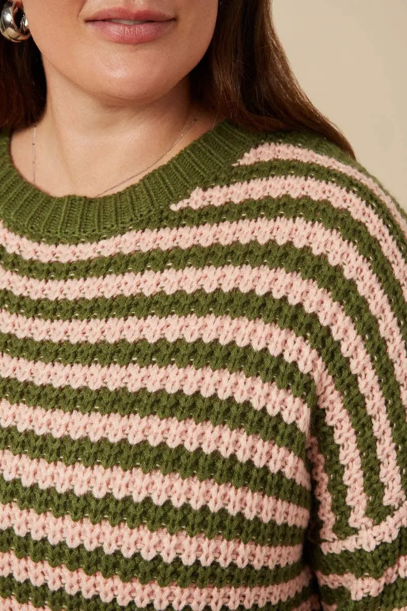 Hayden LA Hayden LA - Womens Striped Drop Shoulder Low Gauge Sweater: Olive & Pink Mix - Sweaters