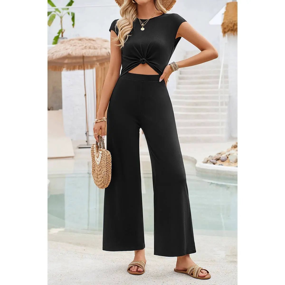 Supreme Fashion Open Back Knot Cut Out Elastic Solid Jumpsuit - One-Pieces Open Back Knot Cut Out Elastic Solid Jumpsuit