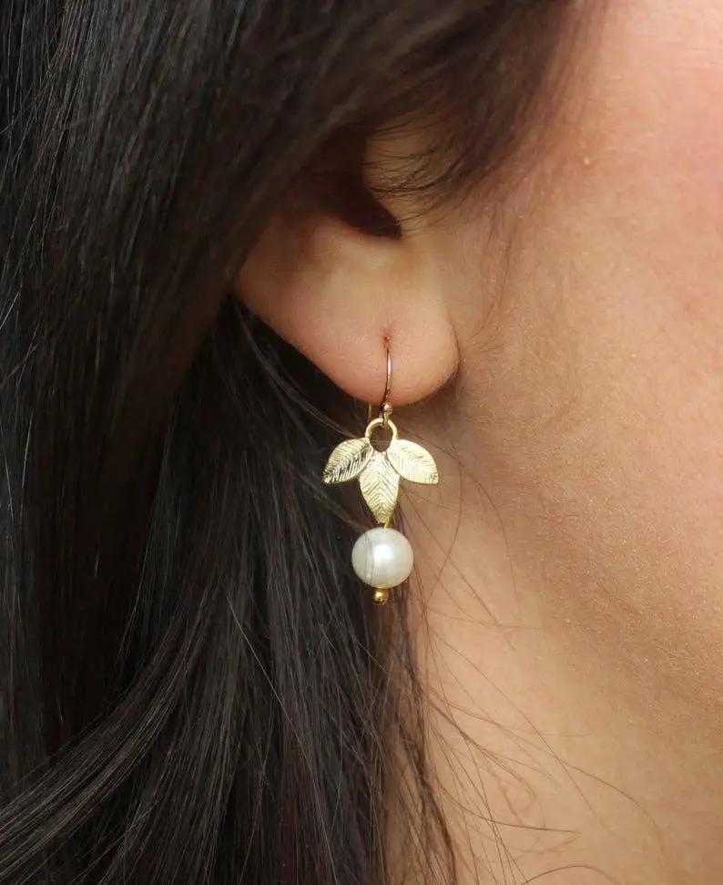 Laalee Jewelry Gold Freshwater Pearl Leaf Earrings - Earrings
