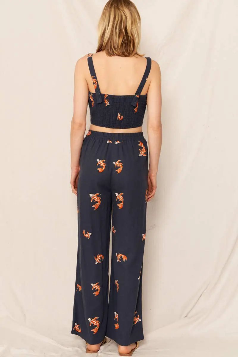 En Crème En Crème Navy & Orange Koi Fish Print Wide Leg Pants - Pants wide leg pants