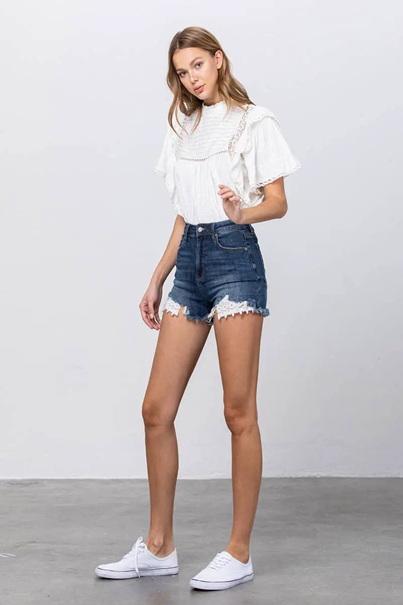 Insane Gene USA The Frayed Hem Lace Trim Snatched Shorts - Denim Shorts shorts