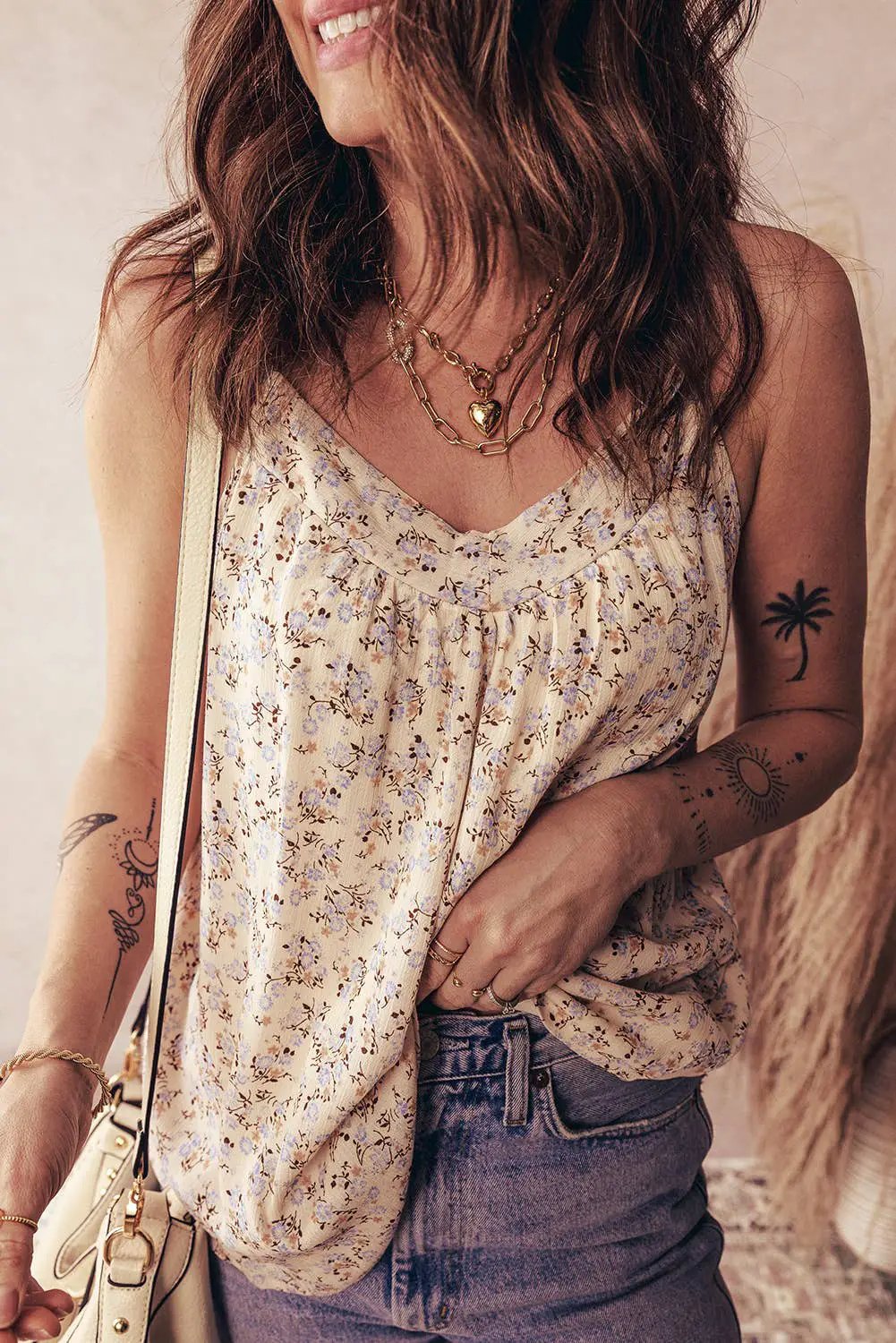 1 the Woman Apricot Boho Floral Spaghetti Straps Tank Top - Tank Tops