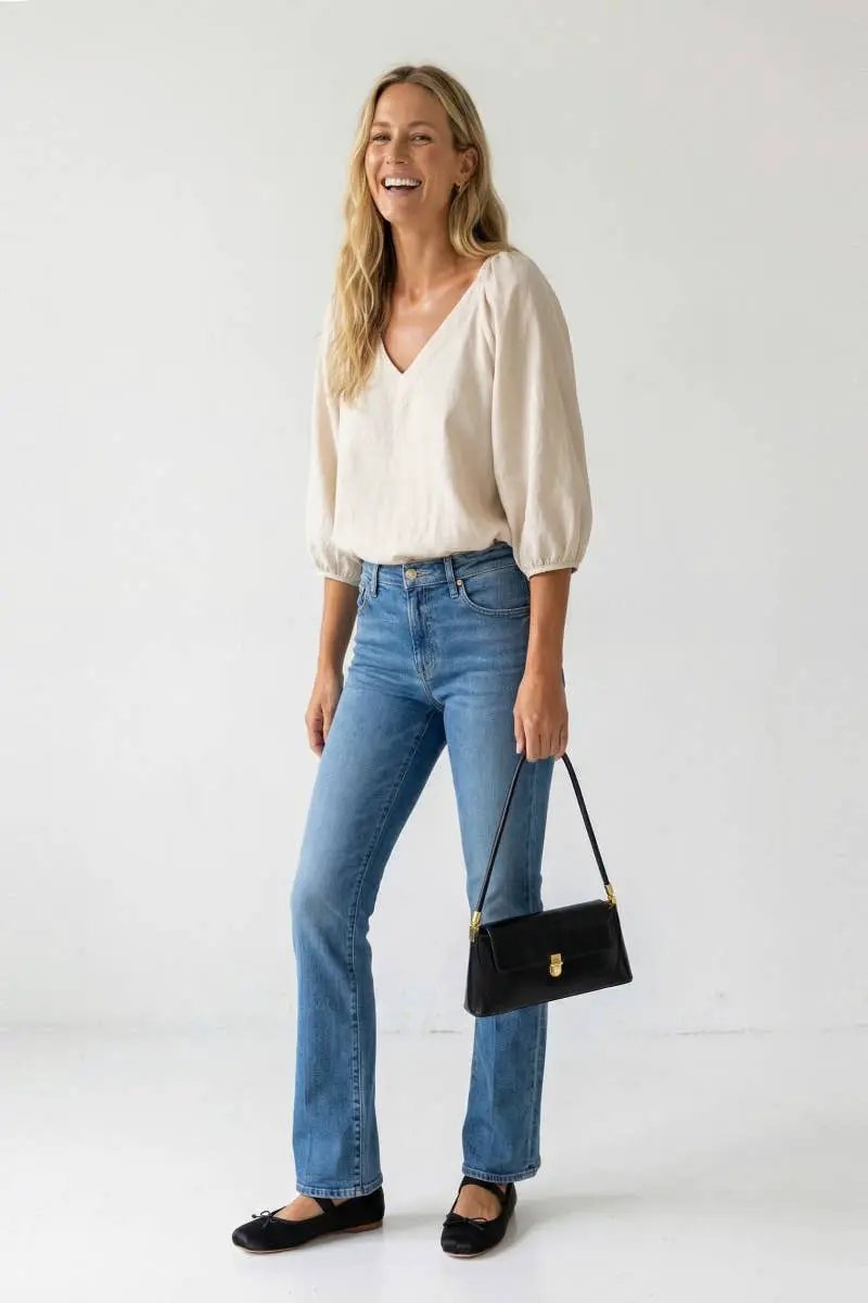 Naked Zebra The Puff Sleeve V-neck Blouse: Tan - Blouses