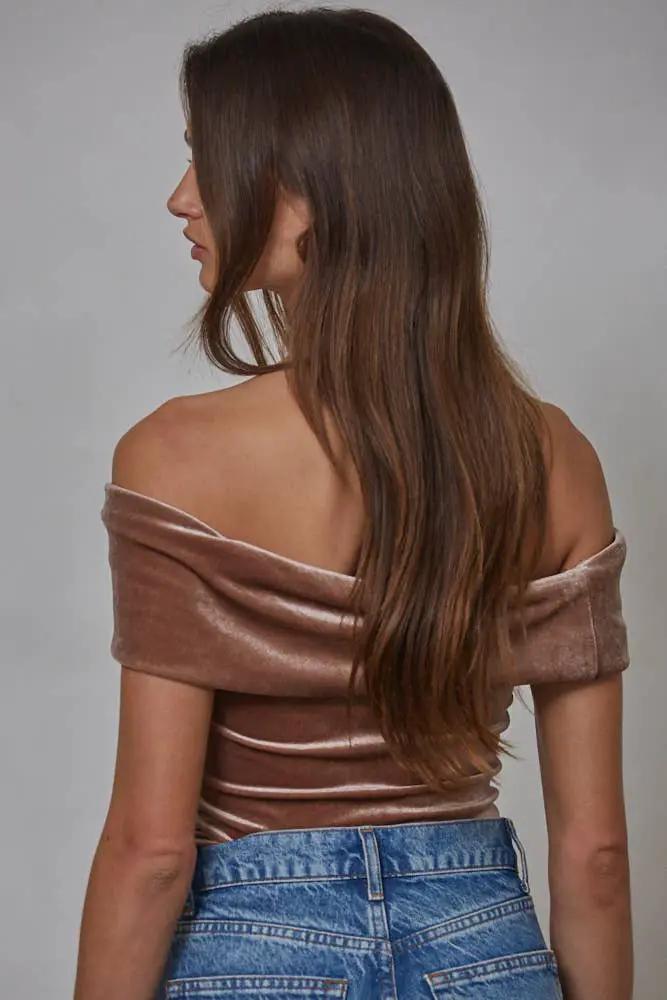 By Together Woven Polyester Spandex Velvet Fold over Bodysuit in Dusty Rose - Bodysuits Bodysuits