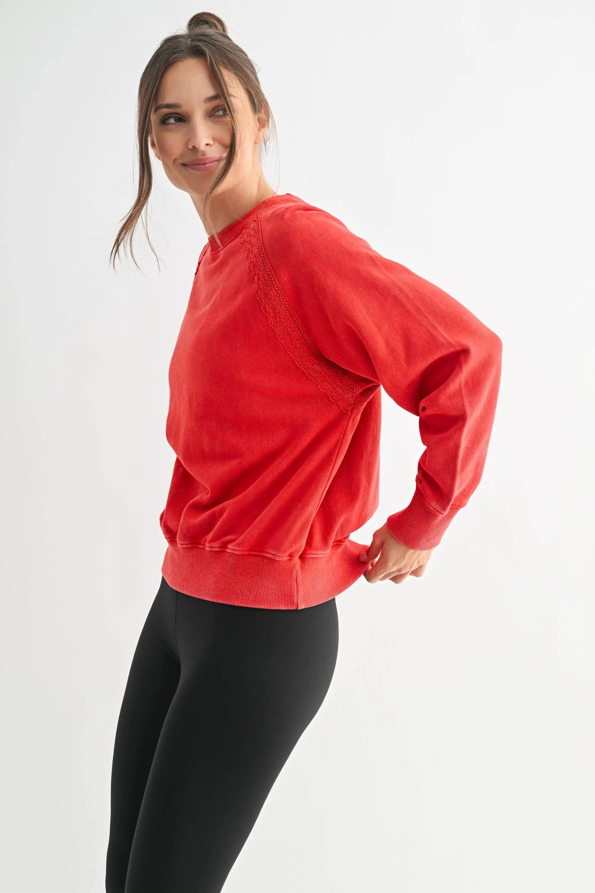 Mono B The Soft Bloom Mineral Wash Lace Crewneck Pullover: Glazed Cherry - Sweatshirts