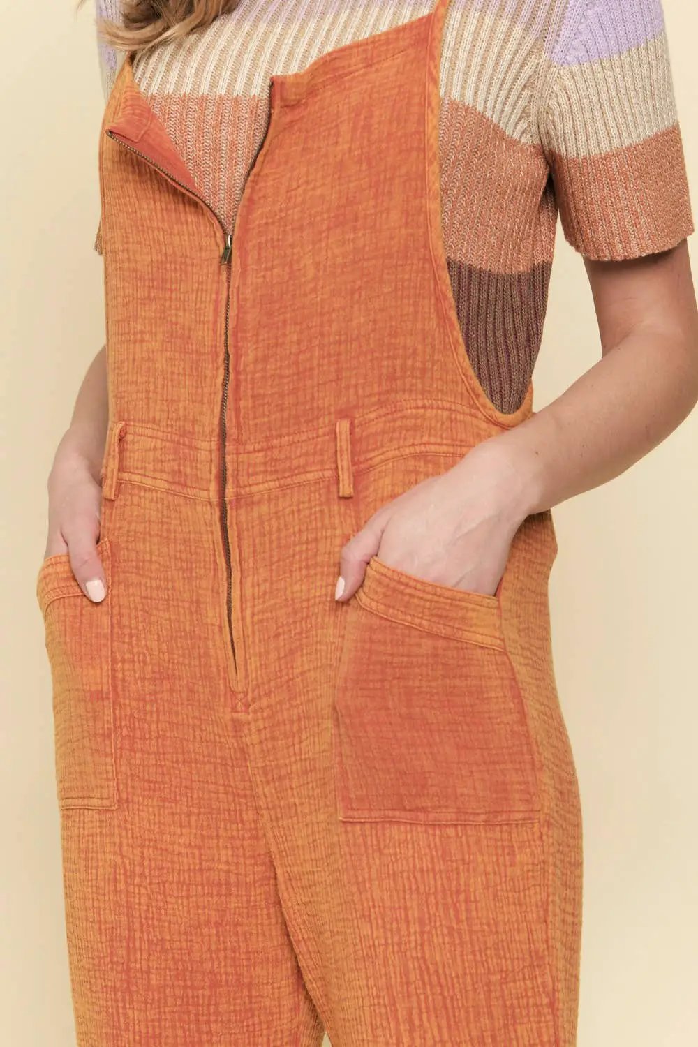 Mystree Mystree Washed Zip-Up Overall in Tangerine - One-Pieces