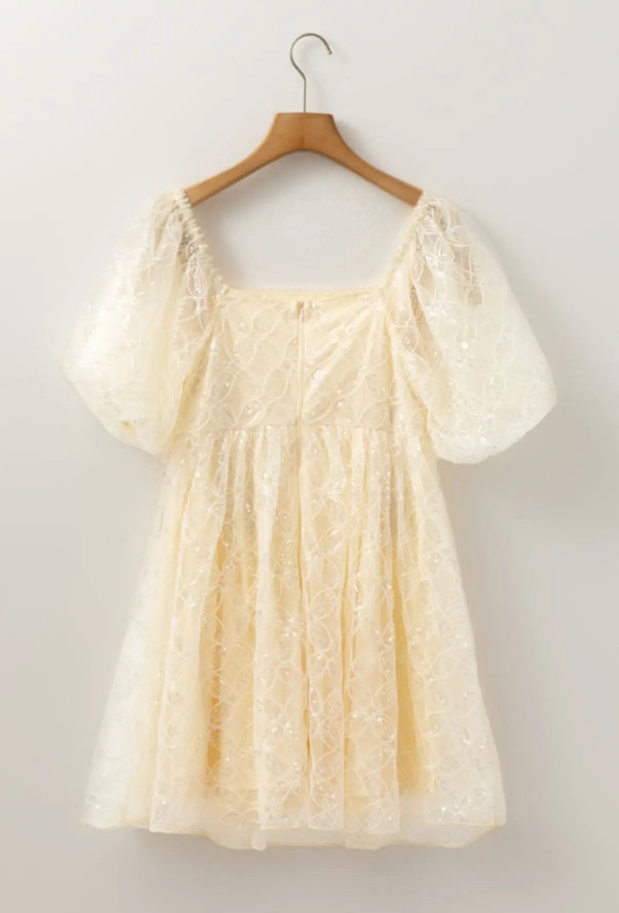 Grateful Threads Boutique Golden Hour Glam Sequin Lace Dress - Dresses Apricot Sequined Lace Mesh Bubble Sleeve Square Neck Dress