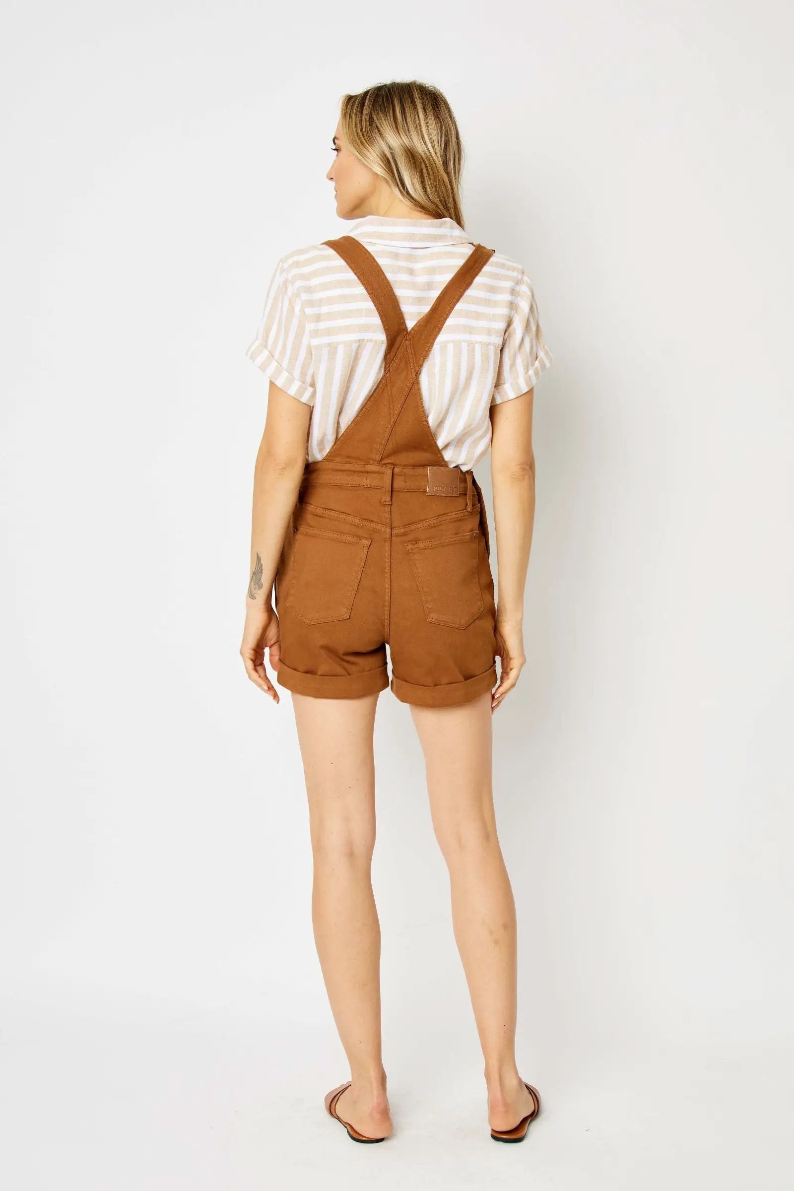 Judy Blue Judy Blue High Waisted Garment Dyed Destroyed Cuffed Brown Overall Shorts - One-Pieces Judy Blue High Waisted Garment Dyed Destroyed Cuffed Brown Overall Shorts