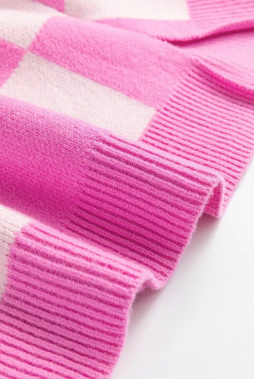 Grateful Threads Boutique Pink Checkerboard Half Button Collared Drop Shoulder Sweater - Sweaters Pink Checkerboard Half Button Collared Drop Shoulder Sweater
