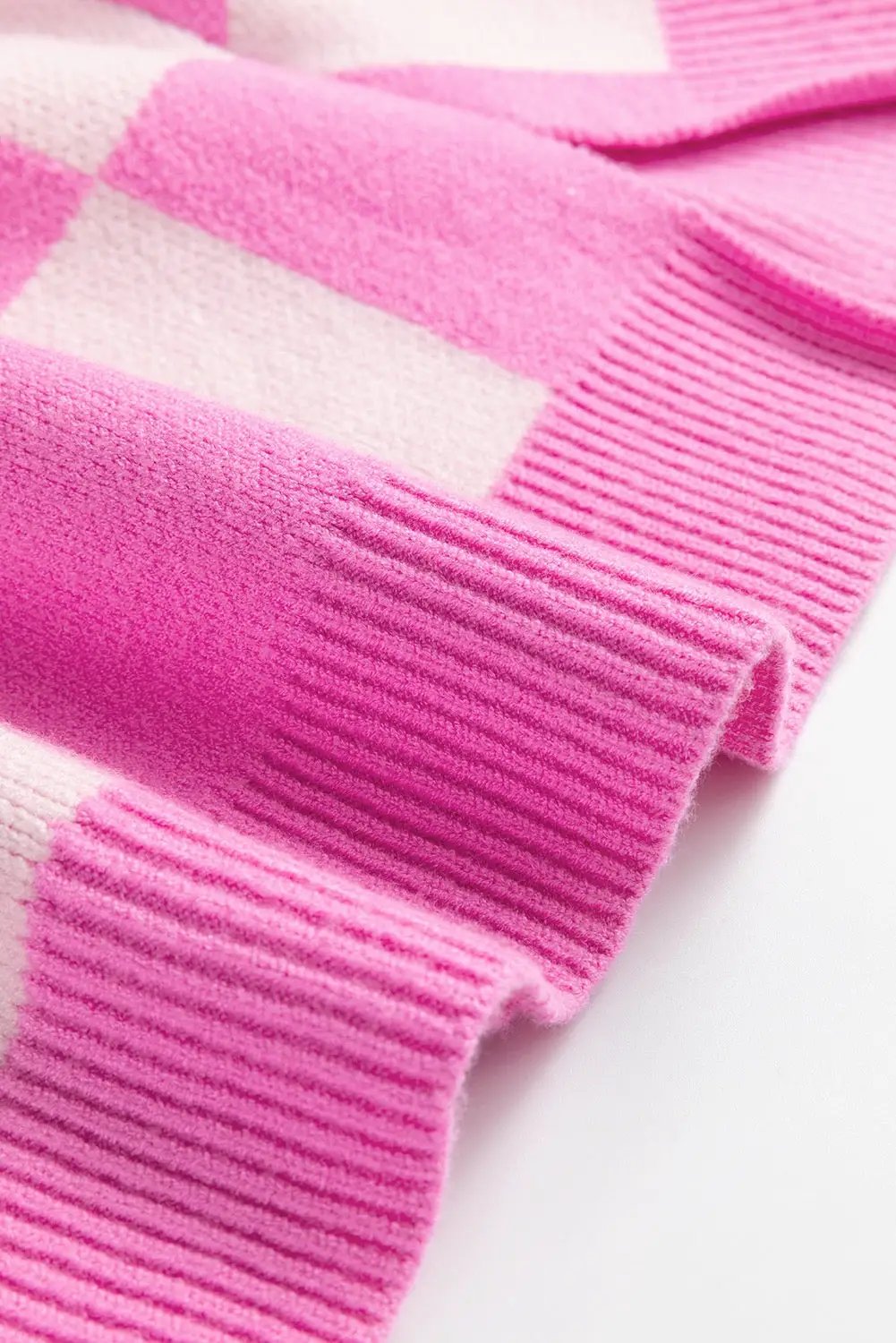 Grateful Threads Boutique Pink Checkerboard Half Button Collared Drop Shoulder Sweater - Sweaters Pink Checkerboard Half Button Collared Drop Shoulder Sweater
