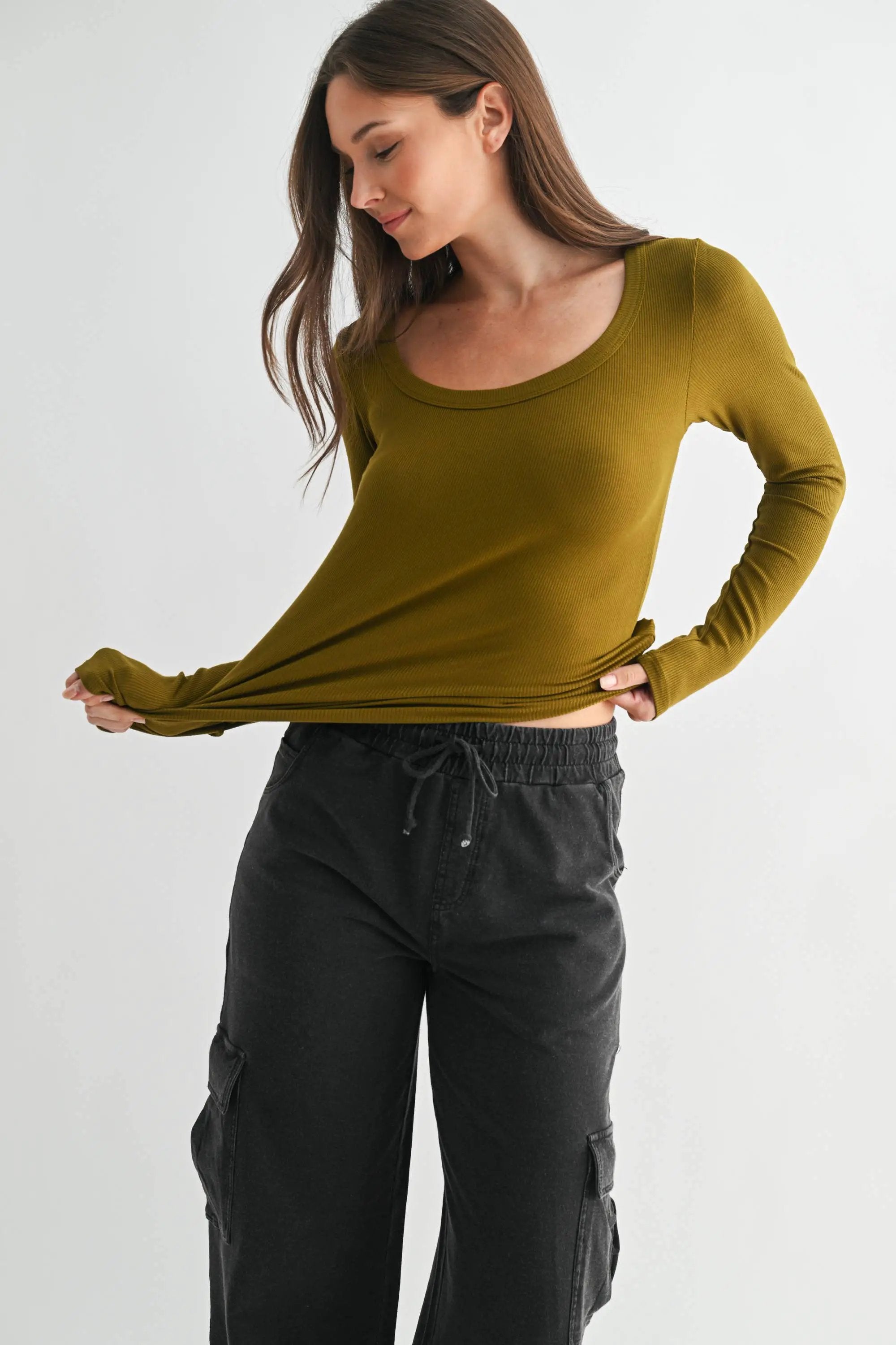 Mono B The Slim Fit Scoop Neck Micro-Ribbed Long Sleeve Top in Camo Green - Shirts Mono B - Slim Fit Scoop Neck Micro-Ribbed Long Sleeve Top