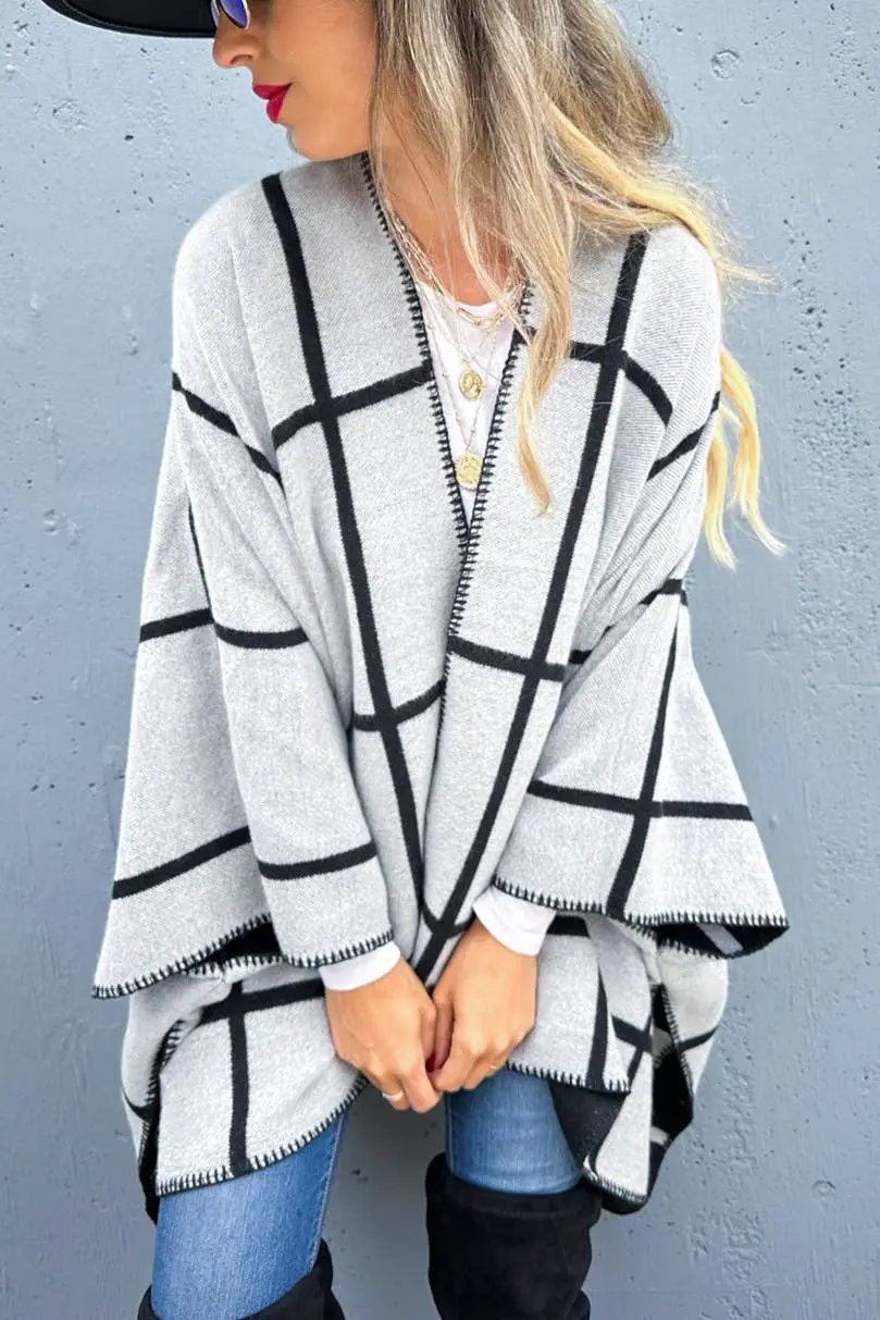 AMOLI AMOLI - Black Grey Dual-Tone Check Printed Cozy Reversible Ruana - Cardigans