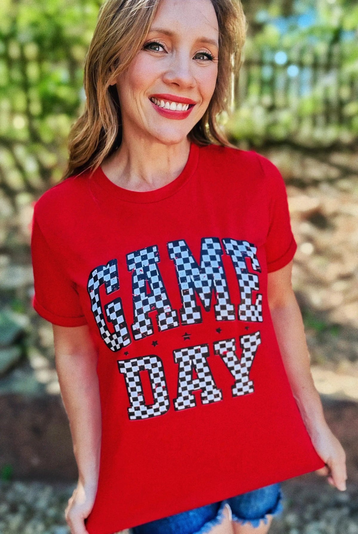 Grateful Threads Boutique Red Checkered Game Day Graphic Tee - T-Shirts Red Checkered Game Day Graphic Tee