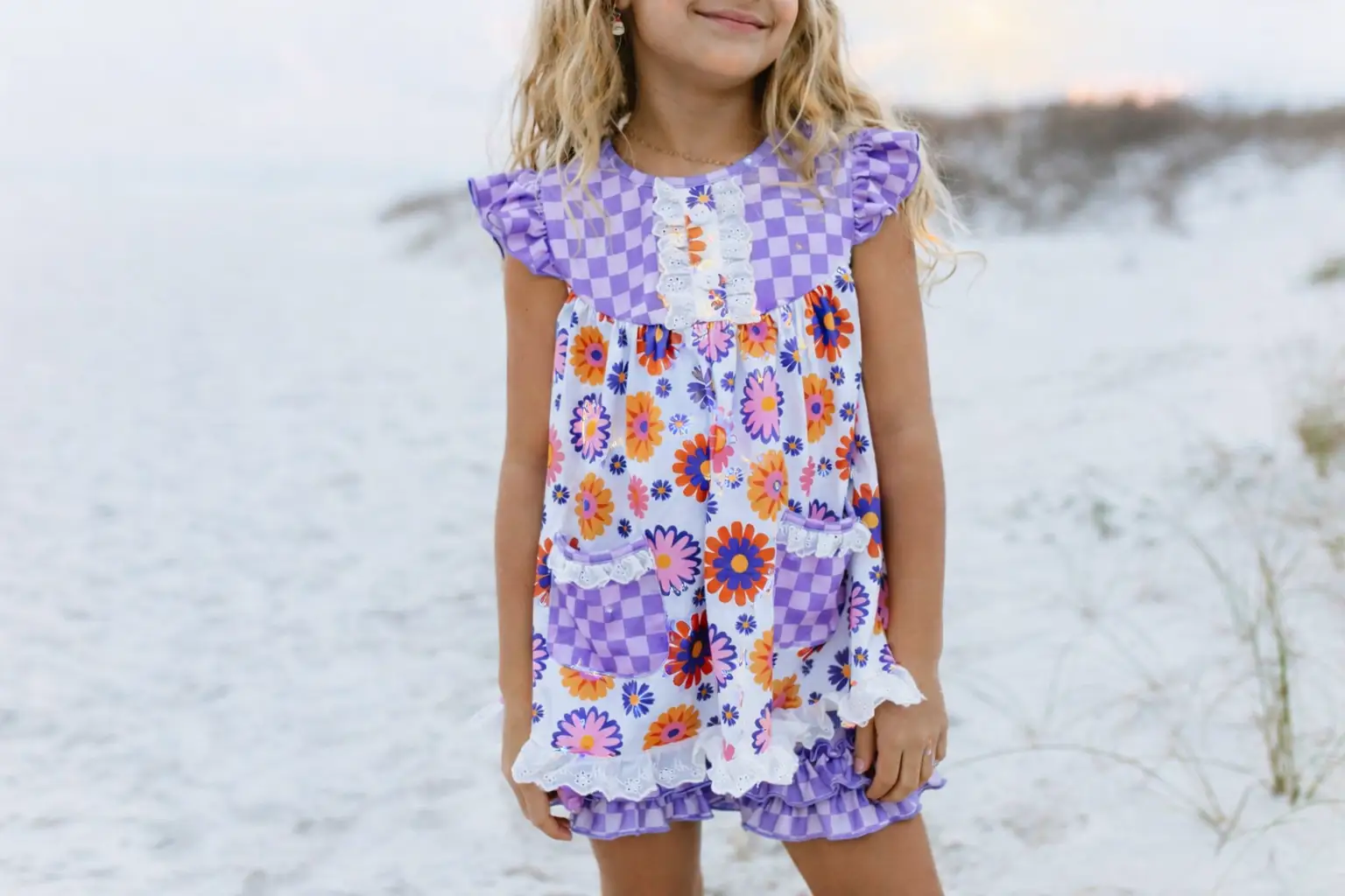 Adorable Sweetness Girls’ Lavender Check Flower Power Short Set - Outfit Sets