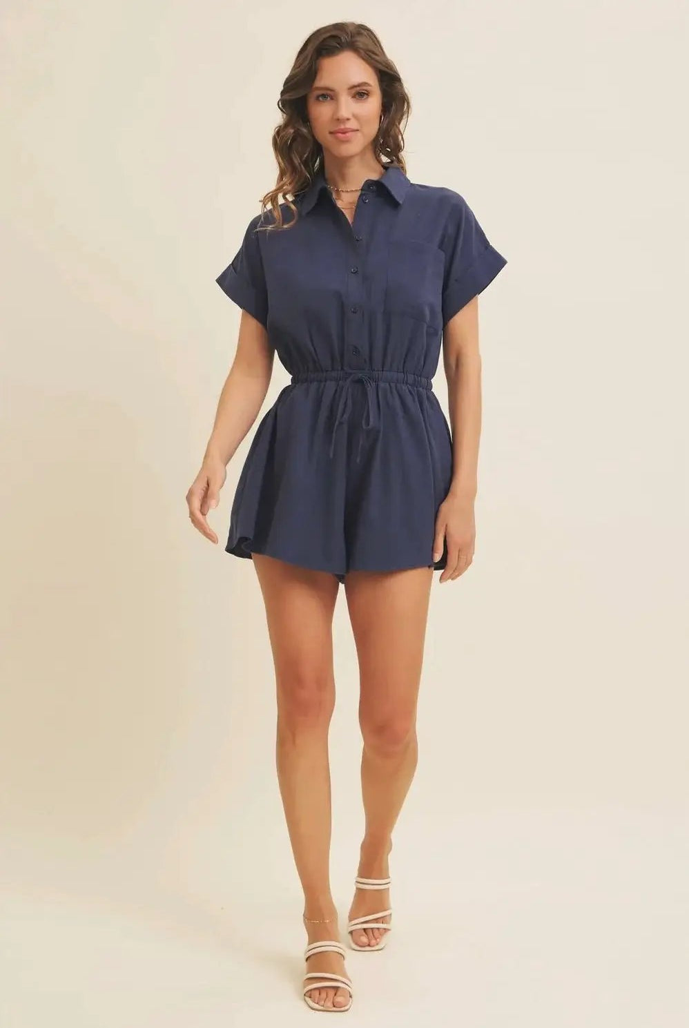 in february The Oxford Navy Cotton Twill Button-Down Romper - One-Pieces