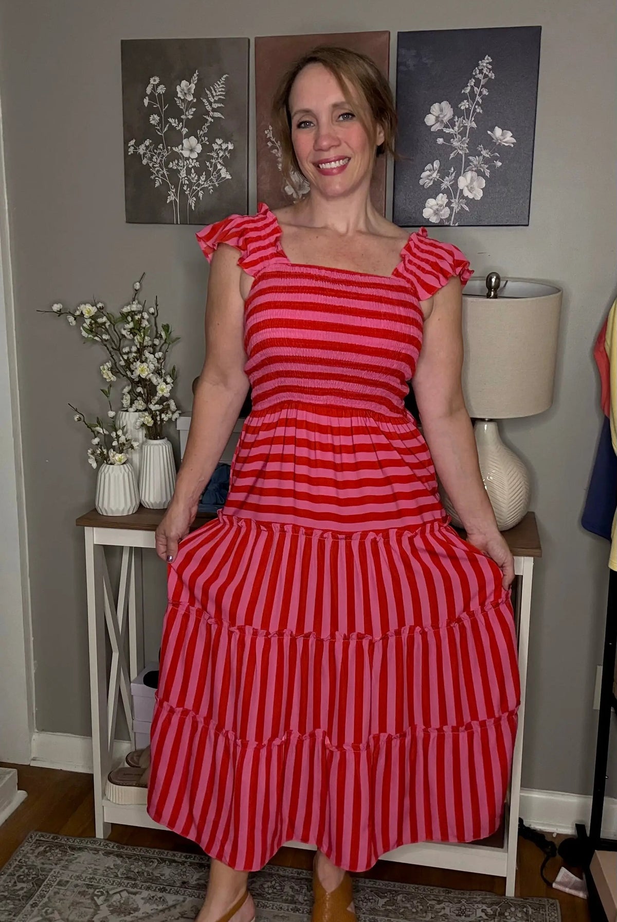 Grateful Threads Boutique Rose Stripe Flutter Sleeve Smocked Bodice Tiered Maxi Dress - Dresses Rose Stripe Flutter Sleeve Smocked Bodice Tiered Maxi Dress