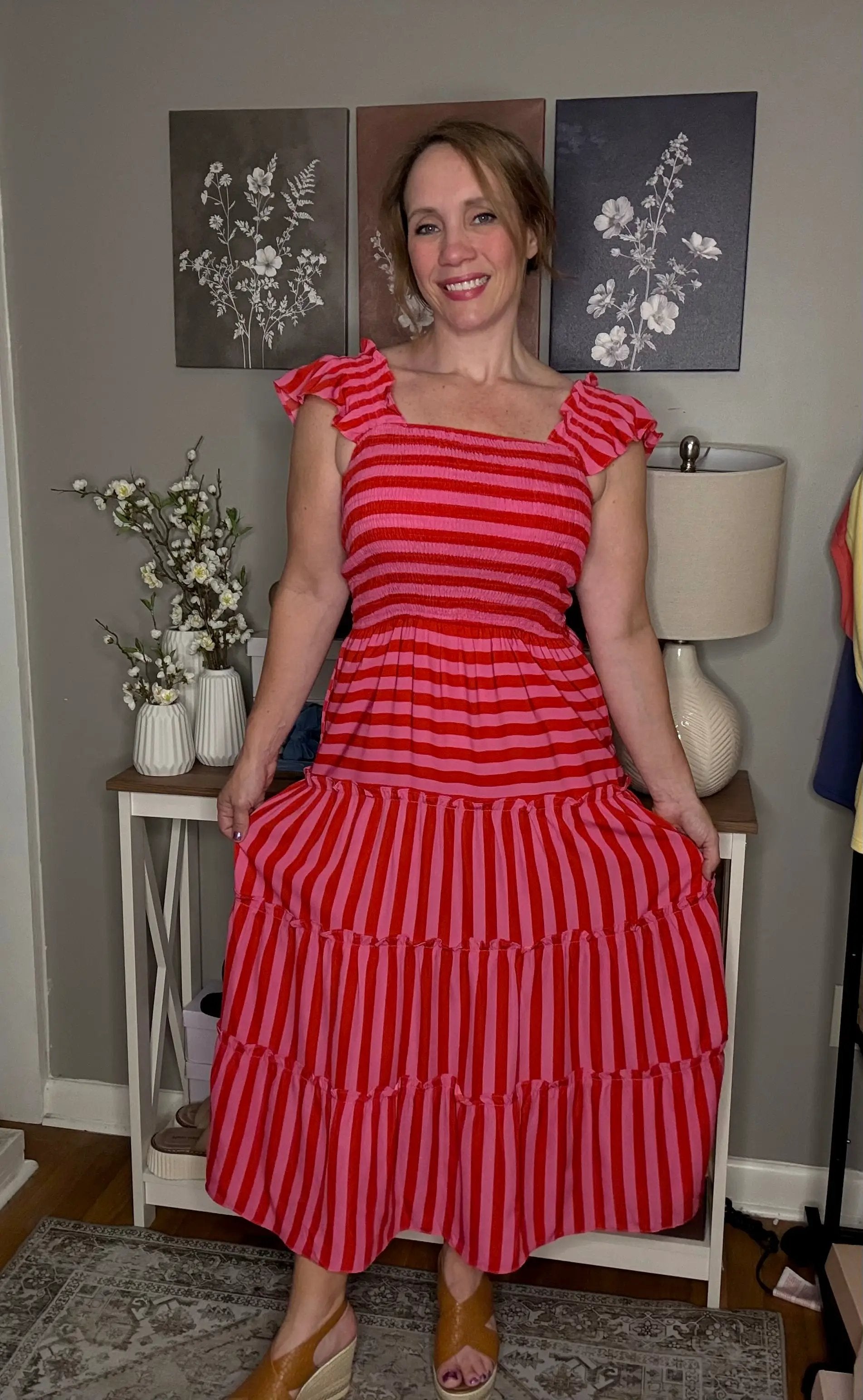 Grateful Threads Boutique Rose Stripe Flutter Sleeve Smocked Bodice Tiered Maxi Dress - Dresses Rose Stripe Flutter Sleeve Smocked Bodice Tiered Maxi Dress