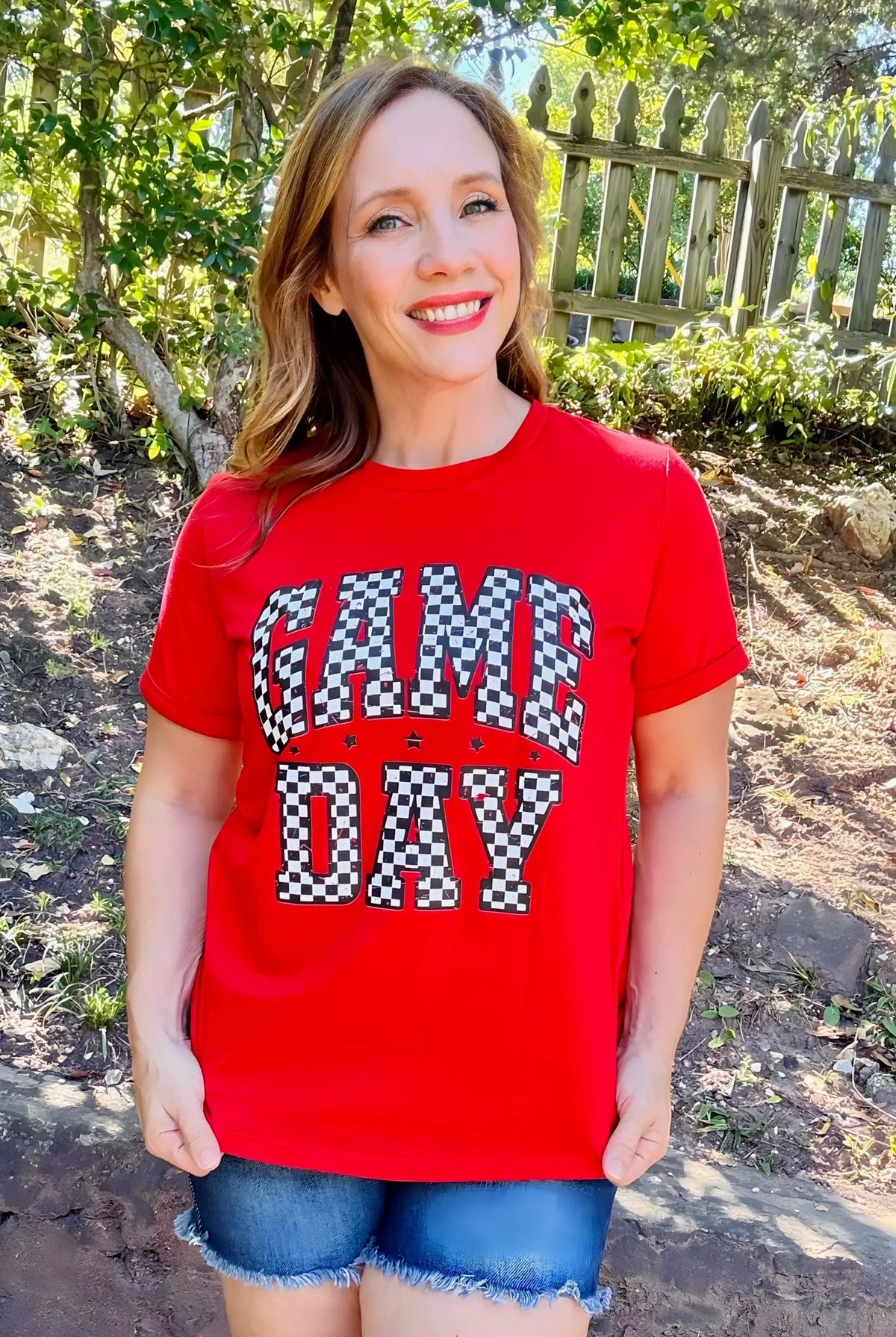 Grateful Threads Boutique Red Checkered Game Day Graphic Tee - T-Shirts Red Checkered Game Day Graphic Tee