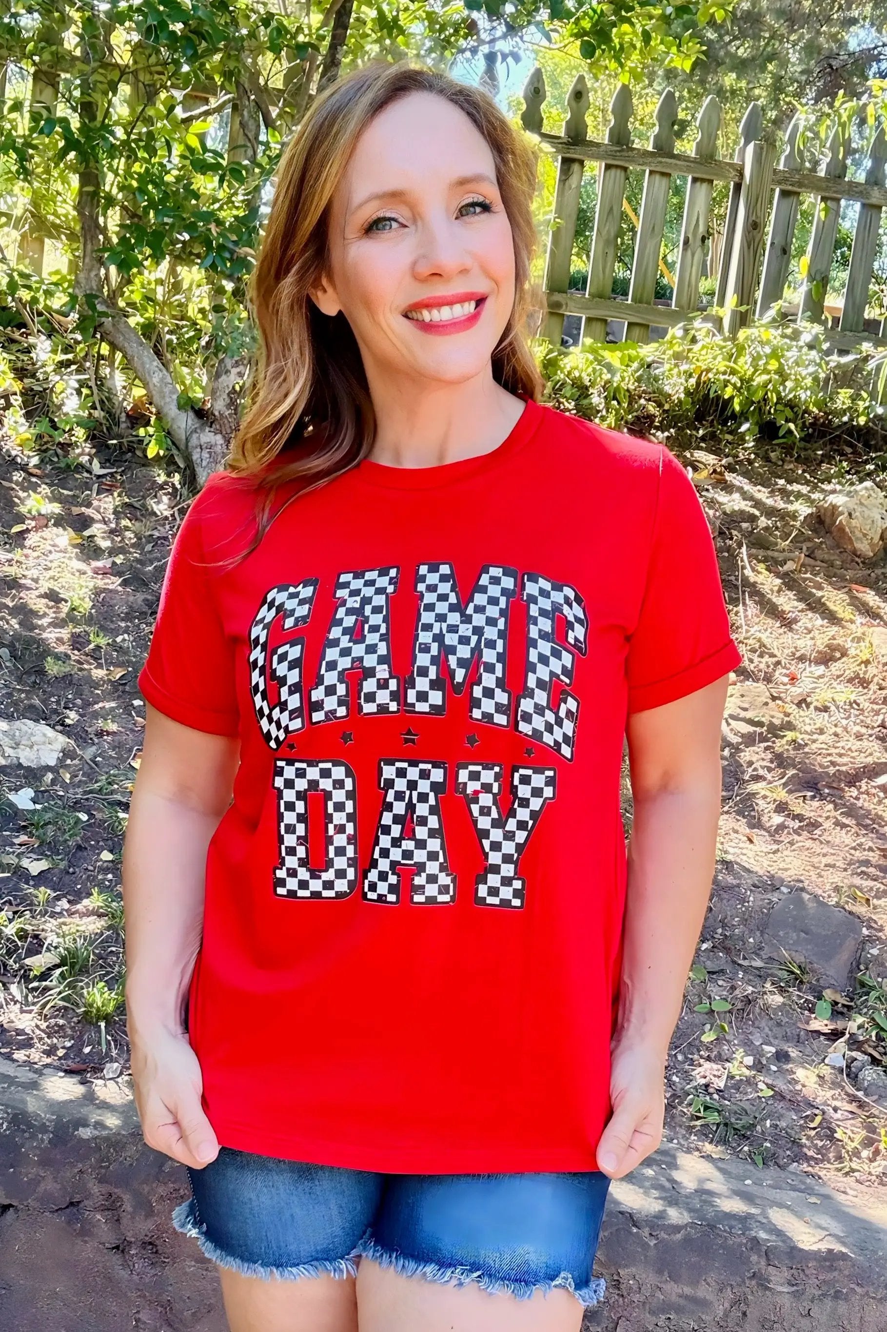 Grateful Threads Boutique Red Checkered Game Day Graphic Tee - T-Shirts Red Checkered Game Day Graphic Tee