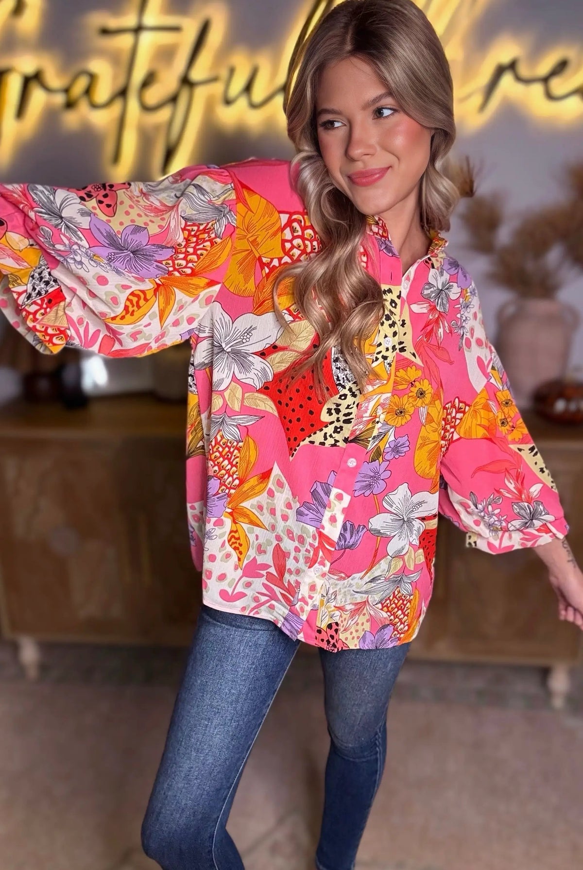 Grateful Threads Boutique Red Abstract Floral Print Buttoned Ruffled Bubble Sleeve Shirt - Shirts Red Abstract Floral Print Buttoned Ruffled Bubble Sleeve Shirt
