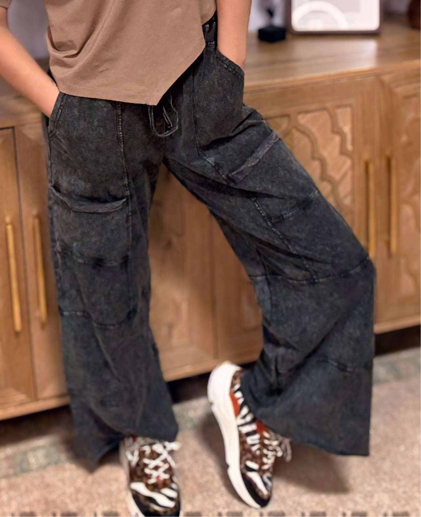 Grateful Threads Boutique Black Mineral Wash Exposed Seam Wide Leg Cargo Pants - Trousers Black Mineral Wash Exposed Seam Wide Leg Cargo Pants