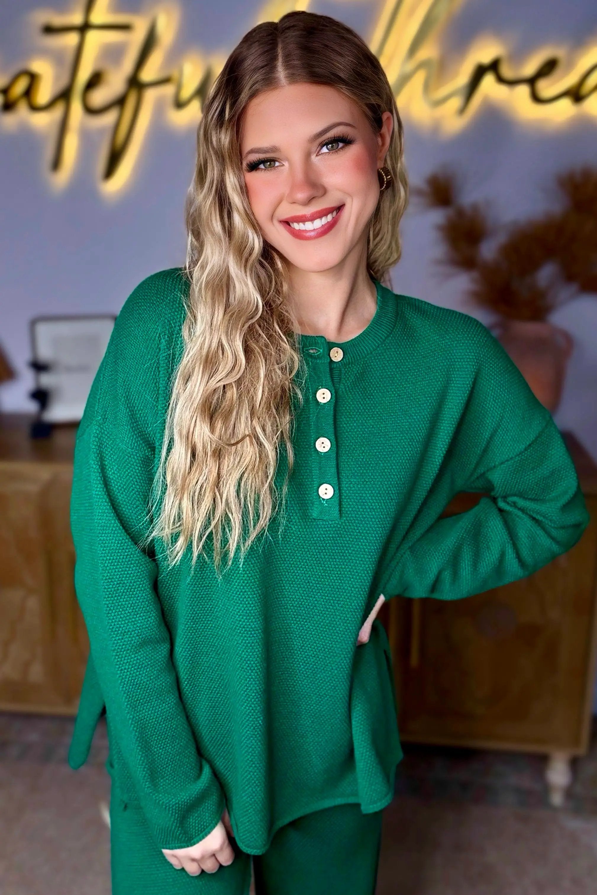 Le Lis LE LIS Dark Green Button Up Sweater Top - Matching Pants Available - Sweaters