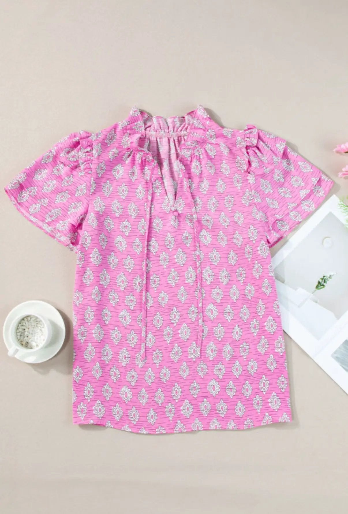 Grateful Threads Boutique Pink Vintage Floral Ruffled Split Neck Short Sleeve Blouse - Blouses Pink Vintage Floral Ruffled Split Neck Short Sleeve Blouse