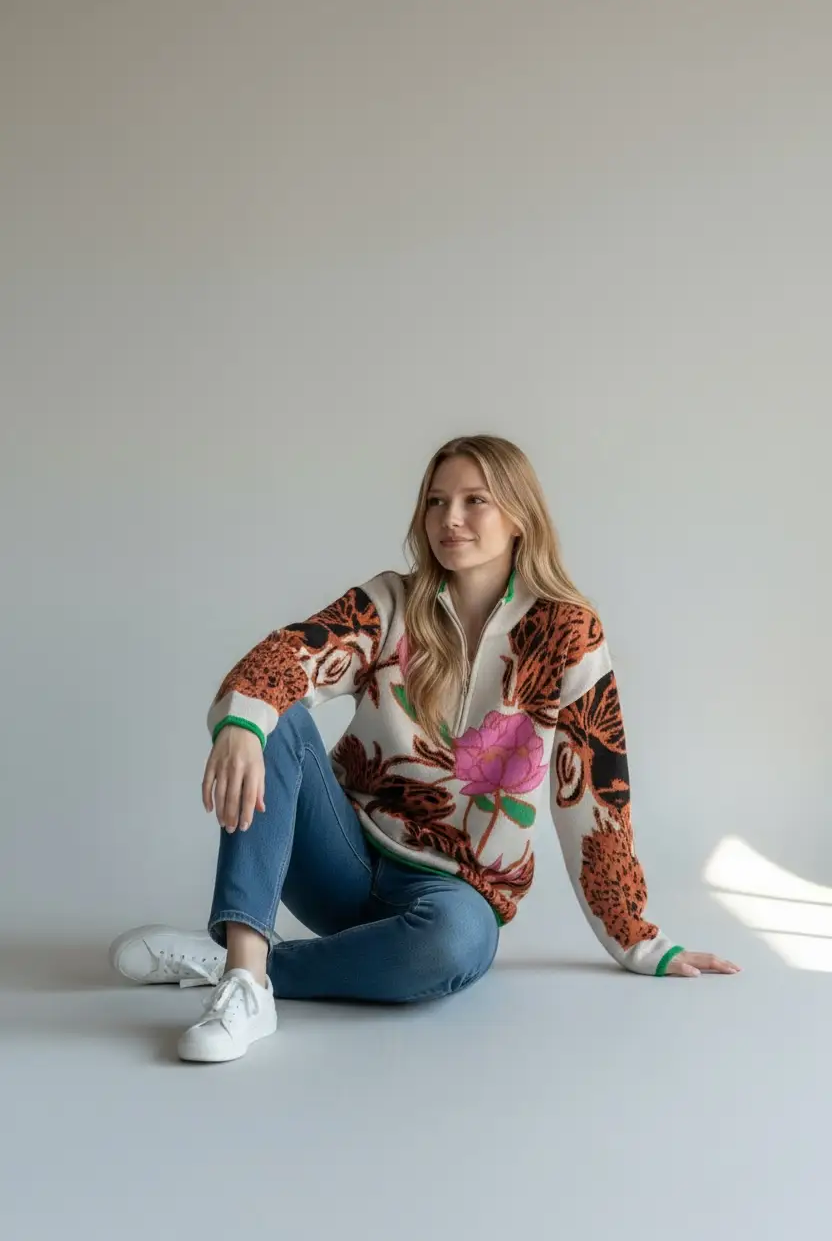 Grateful Threads Boutique Khaki Contrast Trim Floral Pattern Knit Quarter Zip Stand Neck Sweater - Sweaters Khaki Contrast Trim Floral Pattern Knit Quarter Zip Stand Neck Sweater