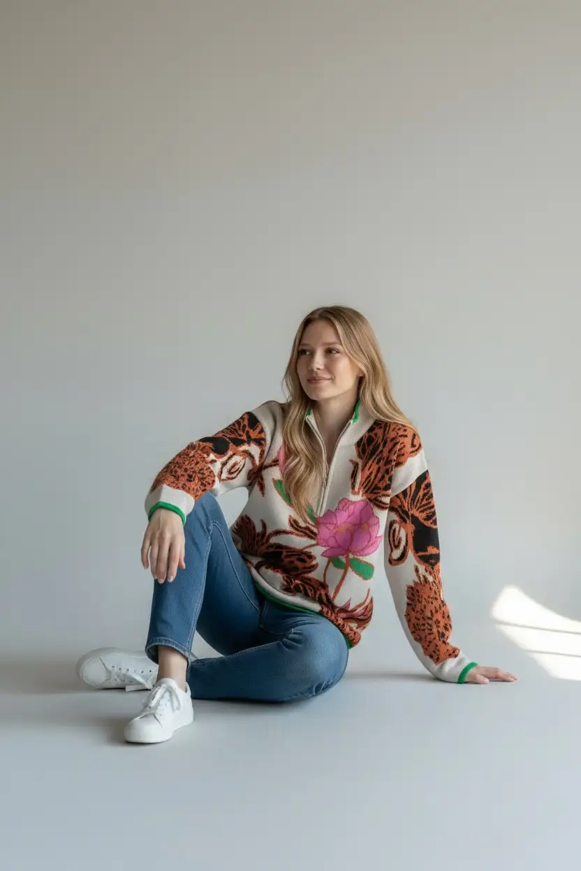 Grateful Threads Boutique Khaki Contrast Trim Floral Pattern Knit Quarter Zip Stand Neck Sweater - Sweaters Khaki Contrast Trim Floral Pattern Knit Quarter Zip Stand Neck Sweater
